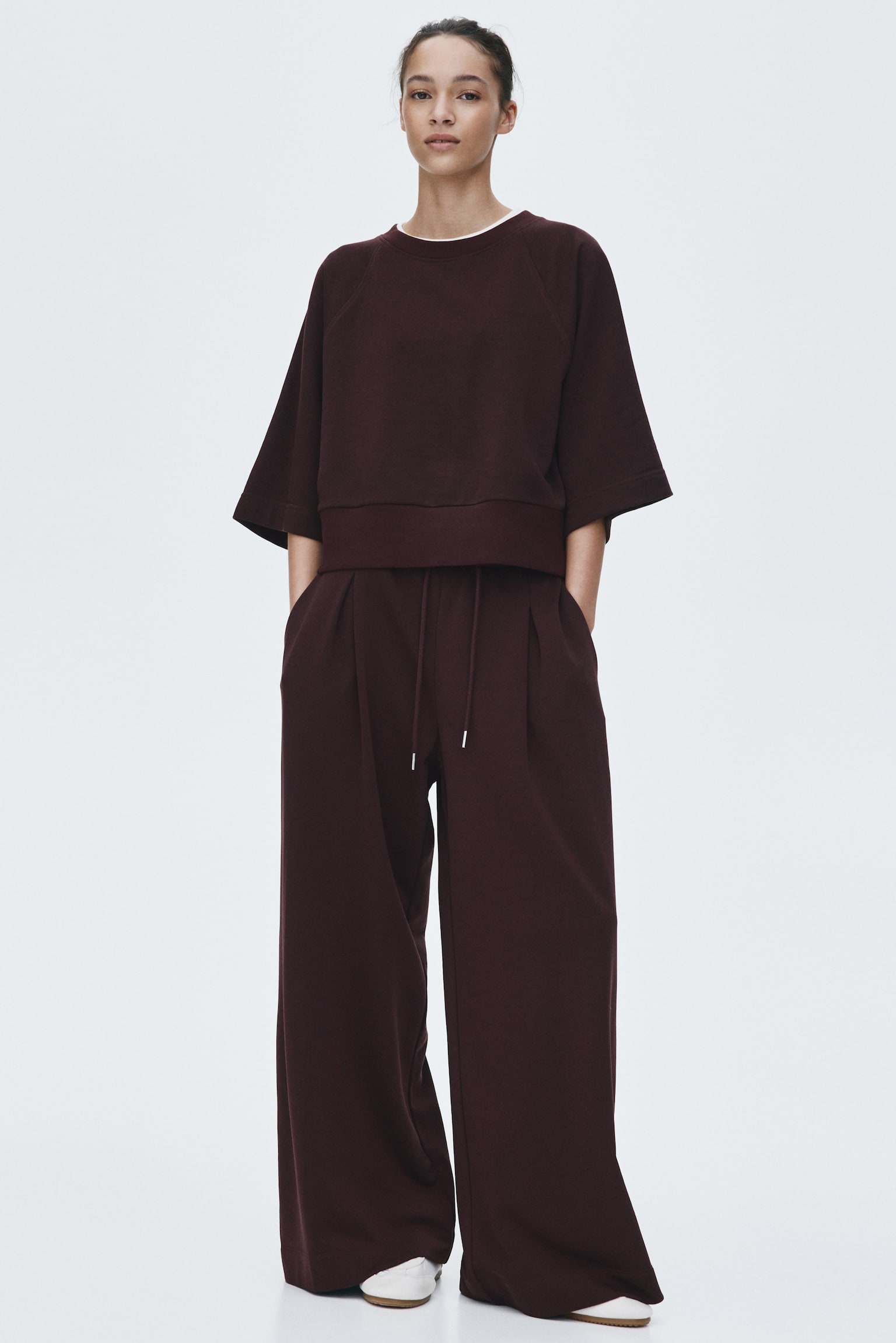 Pleat-detail drawstring trousers - Burgundy/Dark beige/Light beige - 1