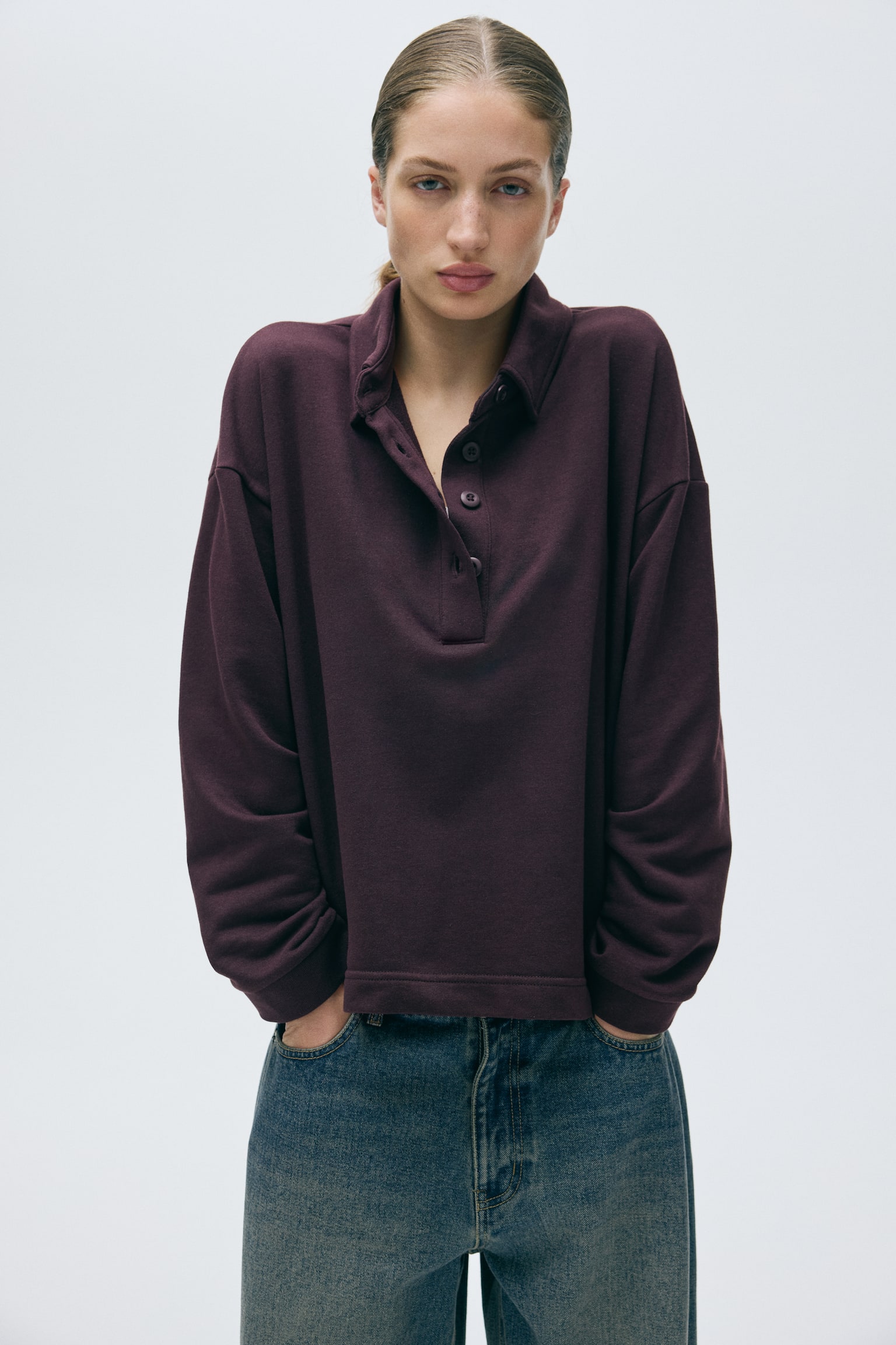 Женский свитшот H&M Sweatshirt with Collar, цвет: Бордовый — фото 3