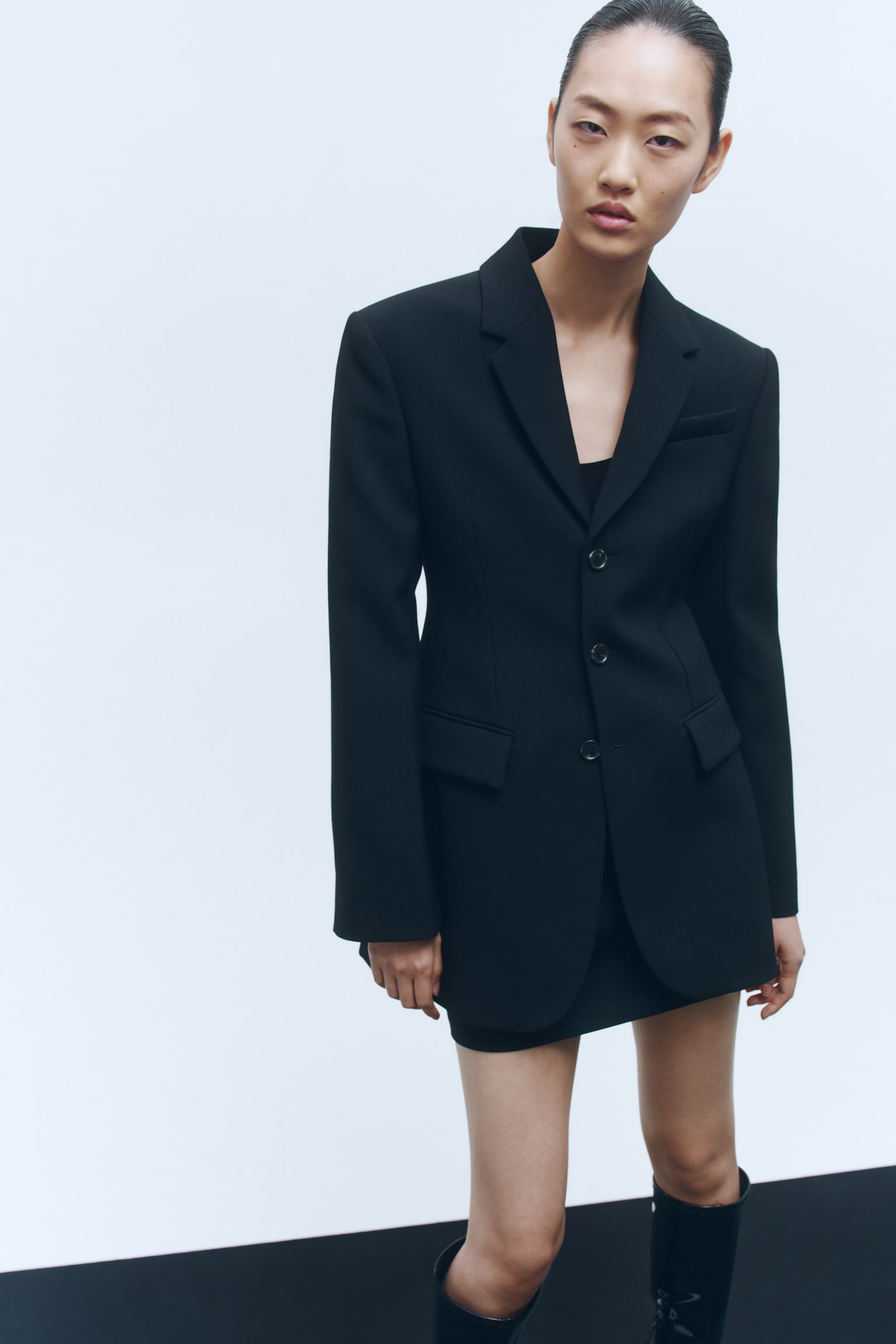 Wool-blend hourglass blazer - Black - 1