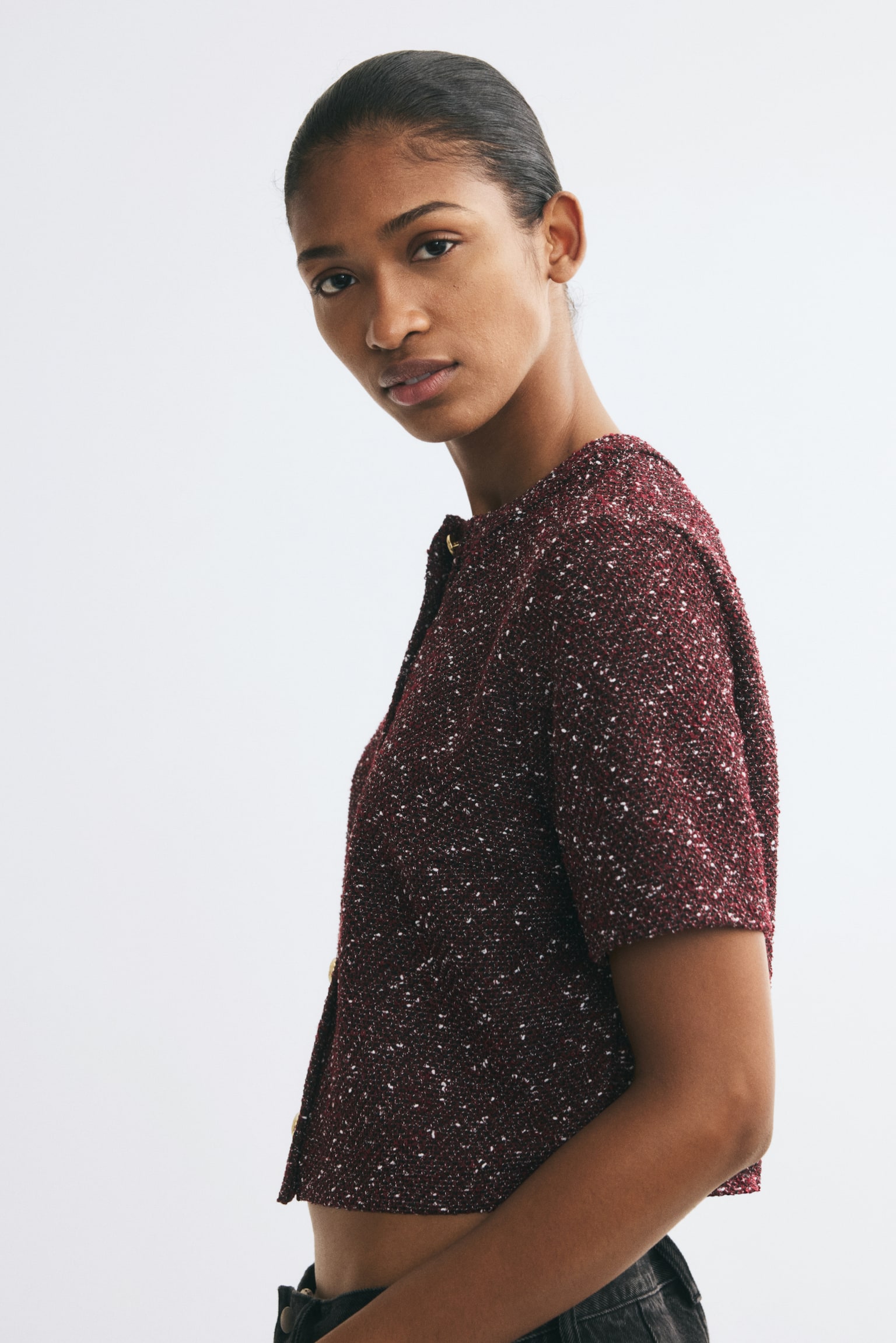 Женский кардиган H&M Short-Sleeved Bouclé-Knit, цвет: Бордовый — фото 4