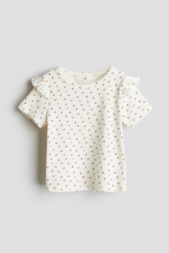 T-shirt a costine con bordi a volant - Bianco/ciliegie/Rosa polvere/fiori - 1