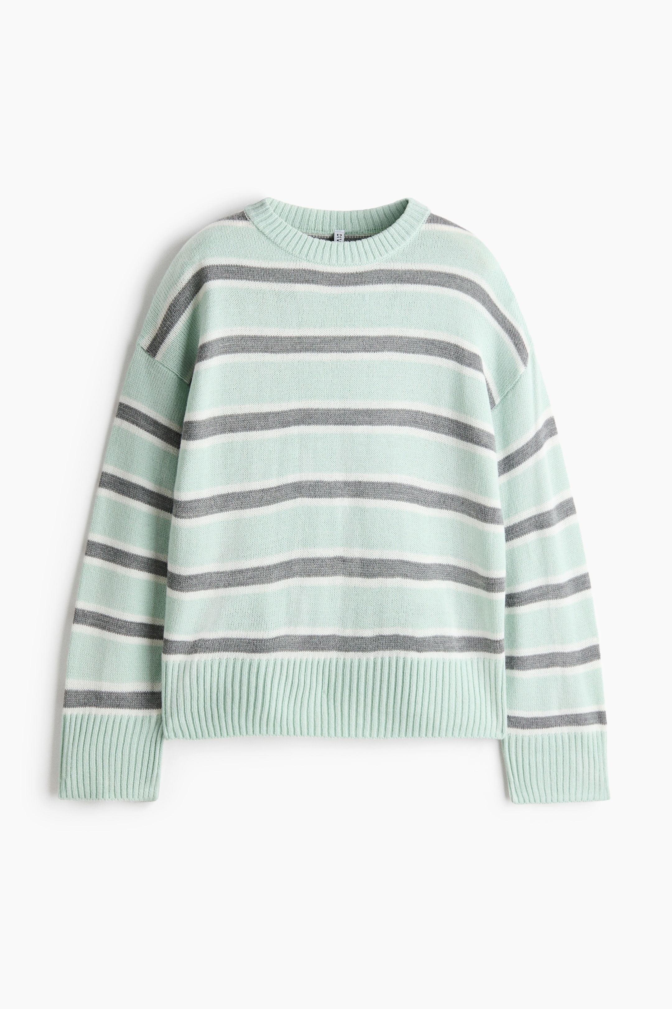 View larger image: A knit crewneck sweater is shown from the front, featuring a horizontal striped pattern in mint green, grey, and white. It has drop shoulders, long sleeves with wide ribbed cuffs, and a matching wide ribbed hem.