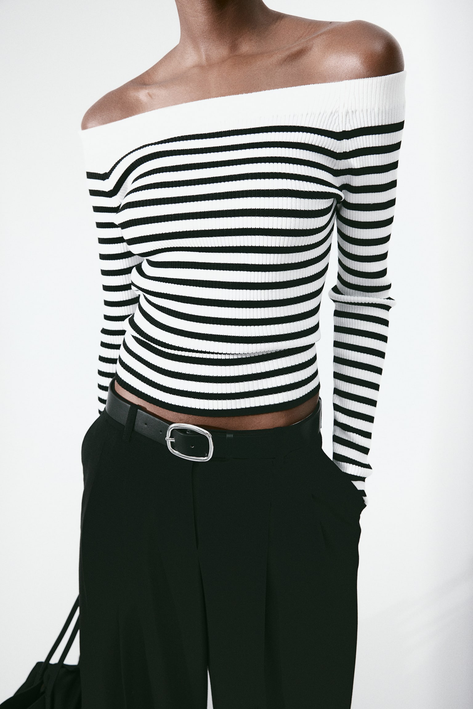 Off The Shoulder Rib Knit Top - White/Black stripe - 5