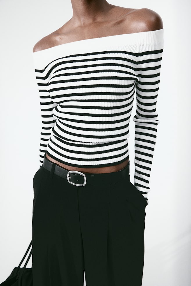 Rib-knit off-the-shoulder top - White/Black striped - 5