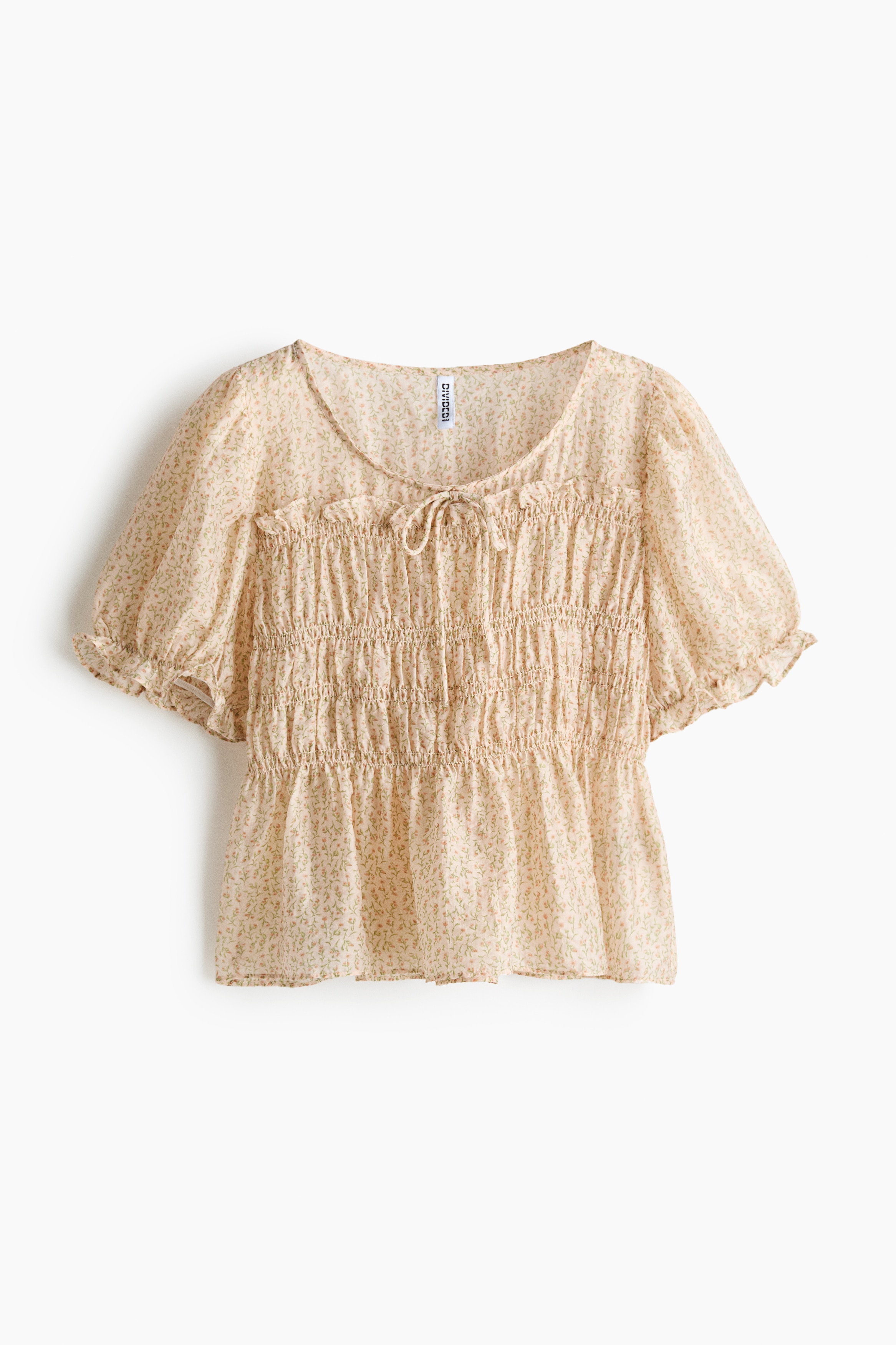Smocked Blouse - Light beige/Rust red/Cream