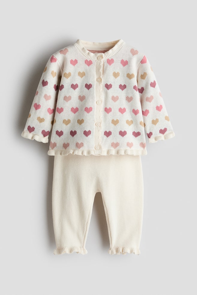 2-piece Fine-Knit Set - Light beige/hearts/Navy blue/striped/Cream - 1