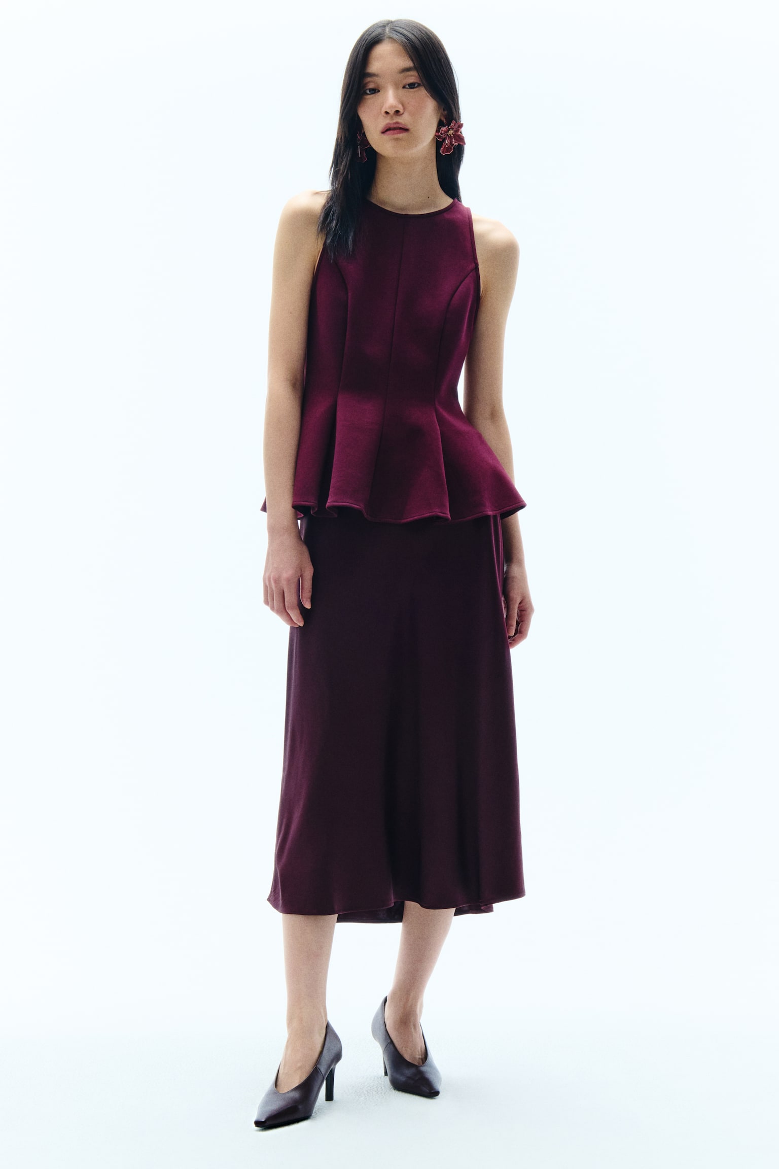 Sleeveless peplum top - Burgundy/Light pink/Red - 1