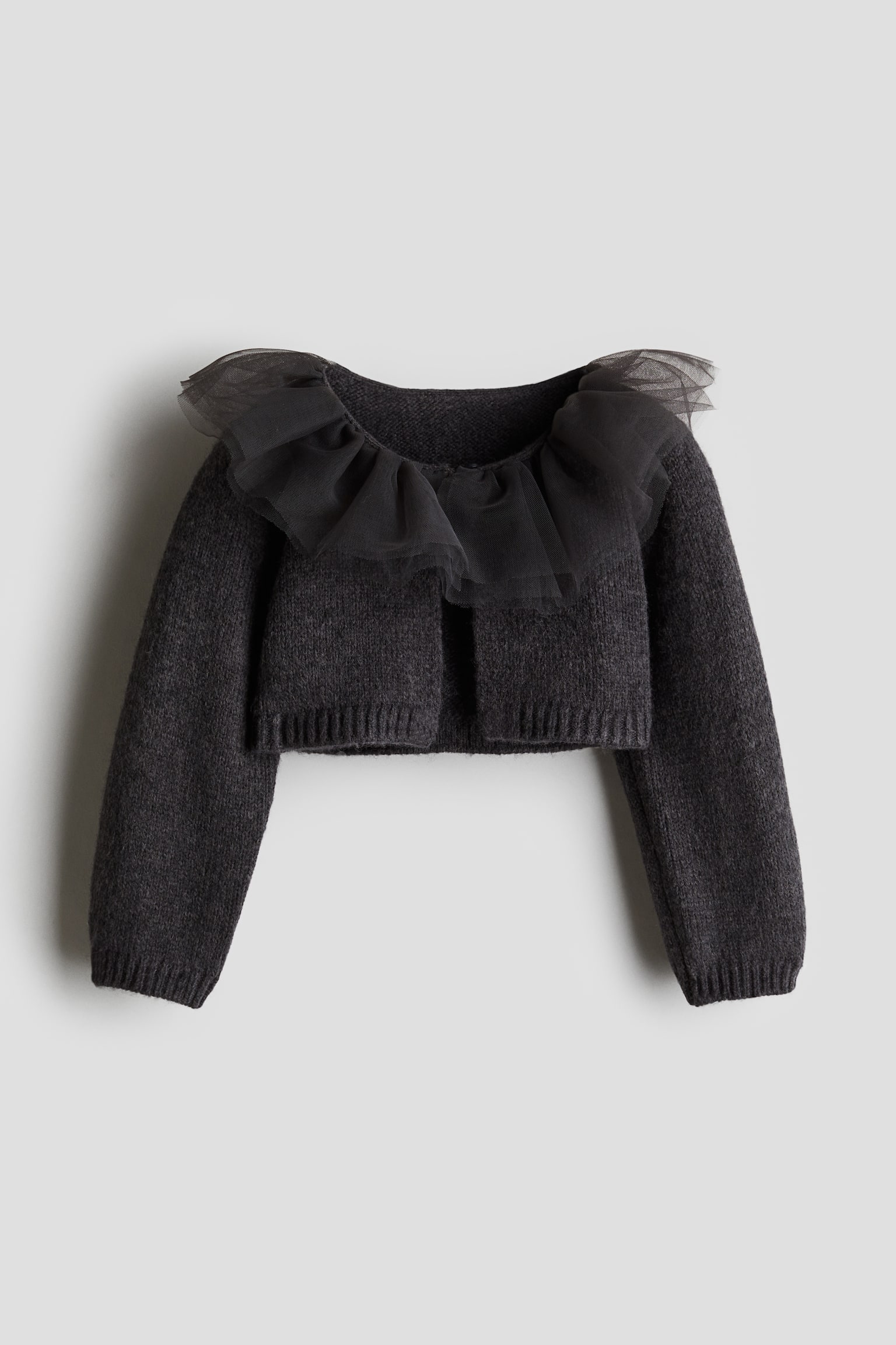 Tulle-collared cardigan - Dark grey - 1