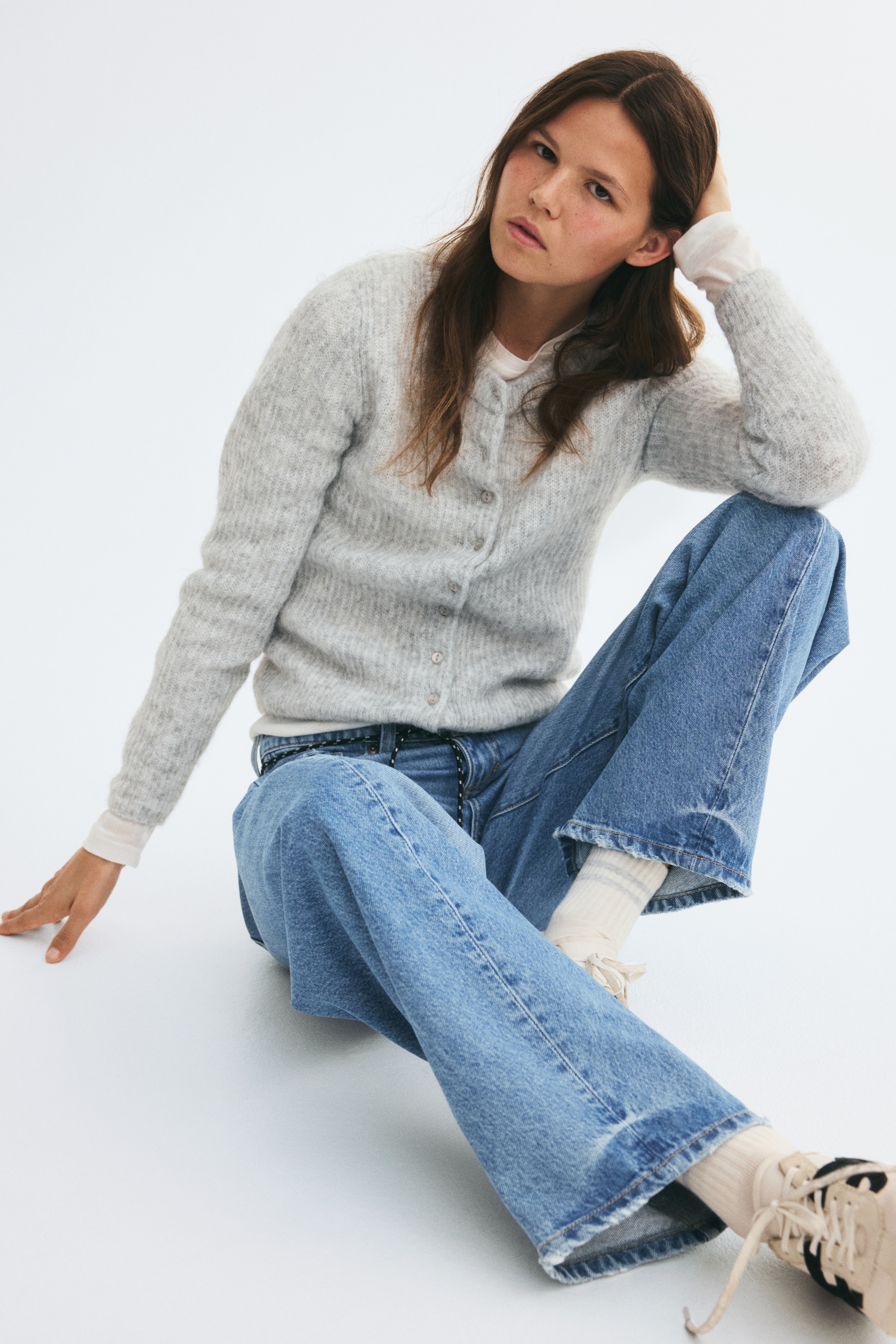 Rib-knit cardigan - Light grey marl/Navy blue/Light dusty purple
