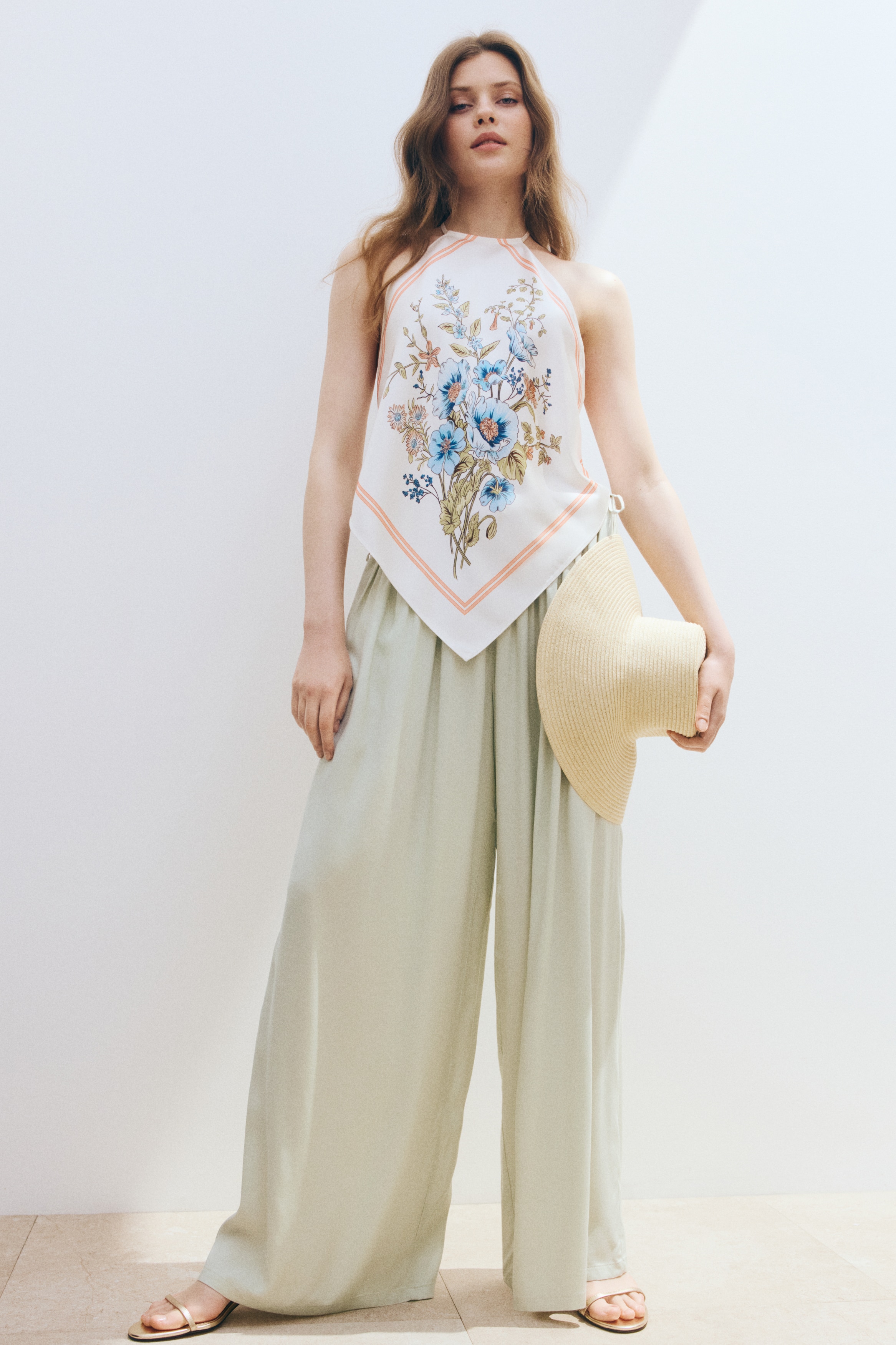 Wijde broek met drawstring - Dusty lichtgroen/Ivoorwit