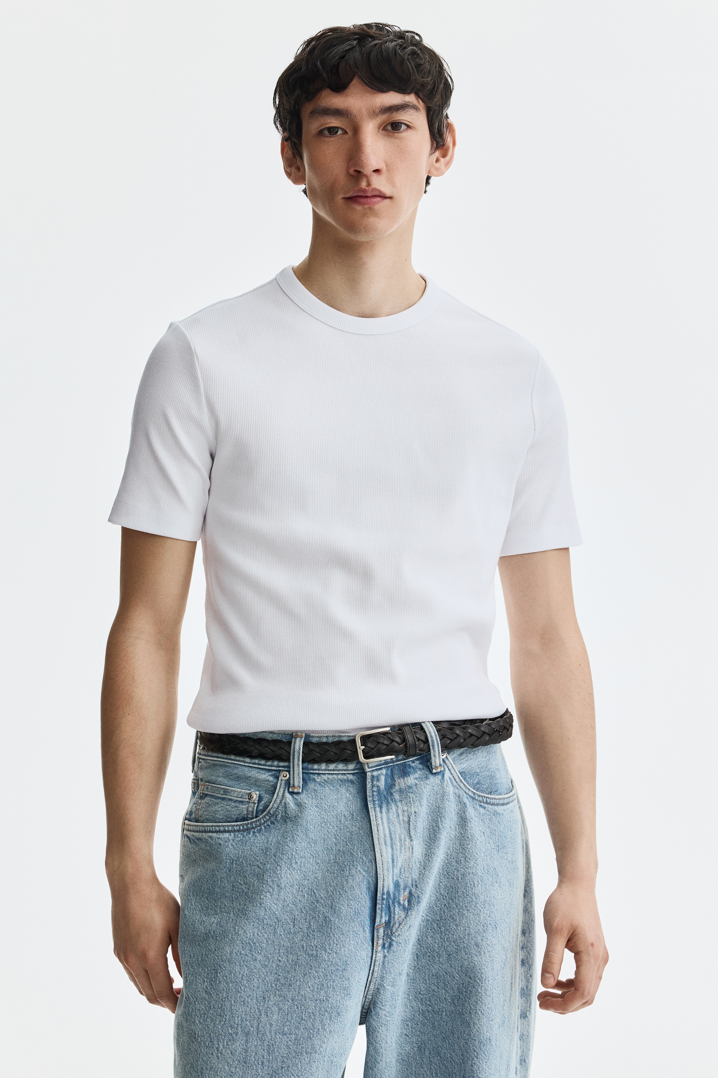 Slim-Fit Ribbed T-Shirt - White/Black/Light gray melange