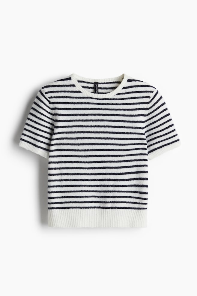 Fine-knit T-shirt - Cream/Striped/Black/Light pink/Black/Striped/Cream - 1
