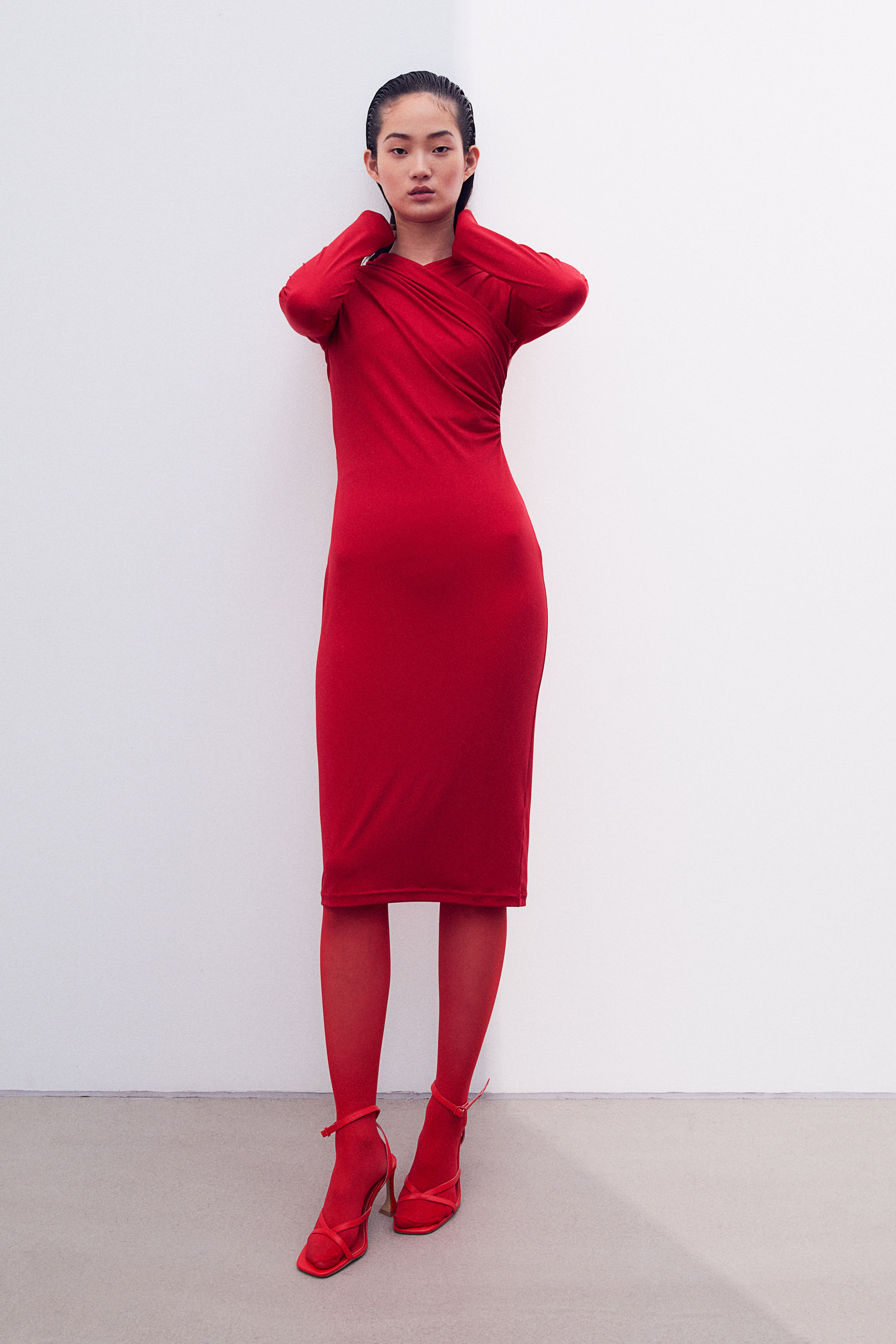 Draped Bodycon Dress - V-neck - Long sleeve - Red - Ladies | H&M US