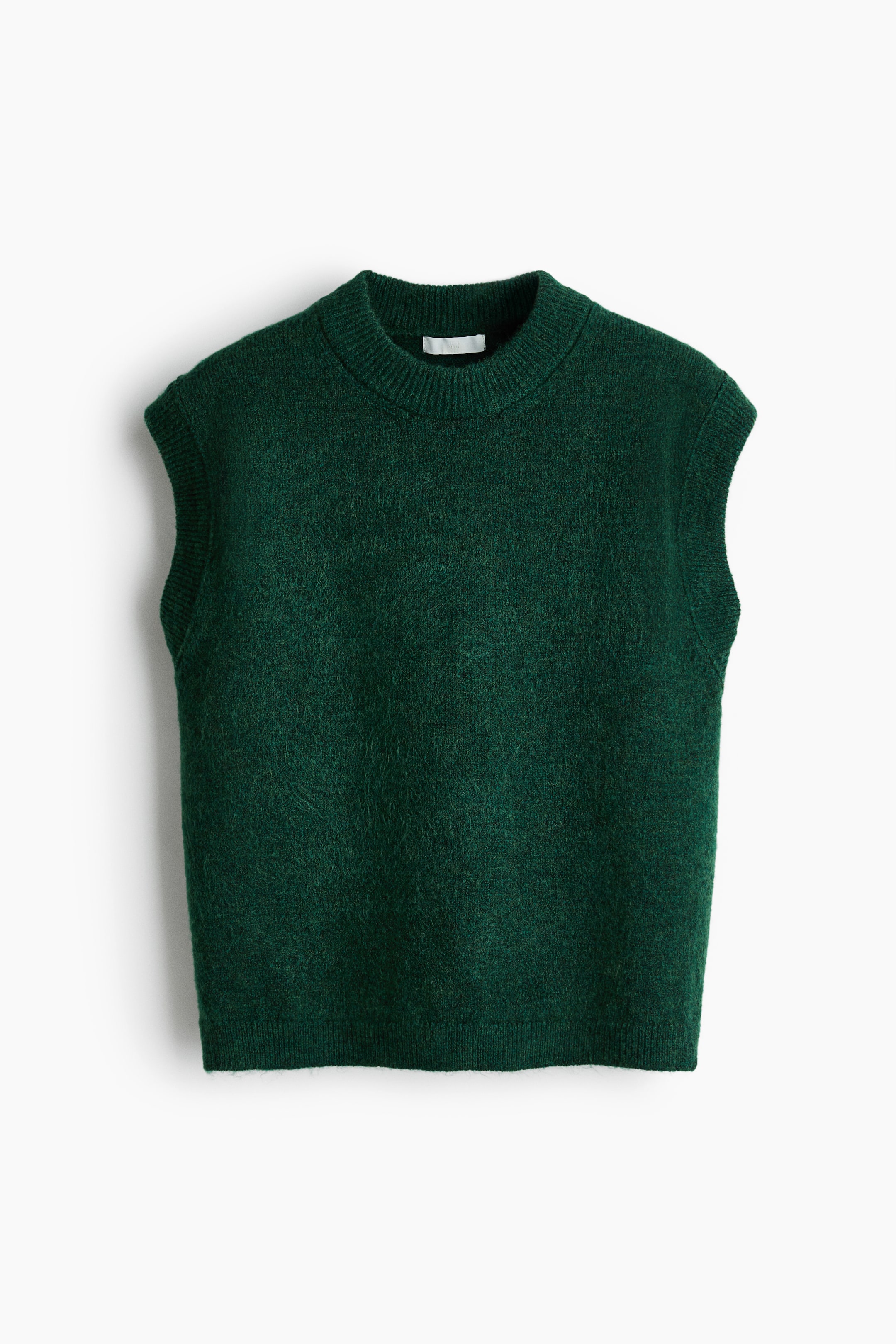 Zobacz większy obraz: Ciemnozielona, swetrowa kamizelka prezentuje swój PRZÓD; wykonana jest z miękkiej dzianiny o delikatnie szczotkowanej powierzchni. Ma okrągły dekolt wykończony ściągaczem, ściągacze wokół pach oraz ściągacz u dołu.