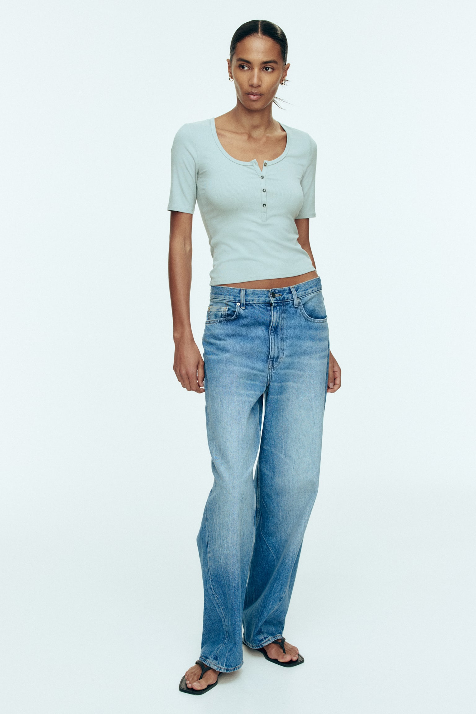 Ribbed viscose top - Light dusty turquoise/Cream/Navy blue - 3