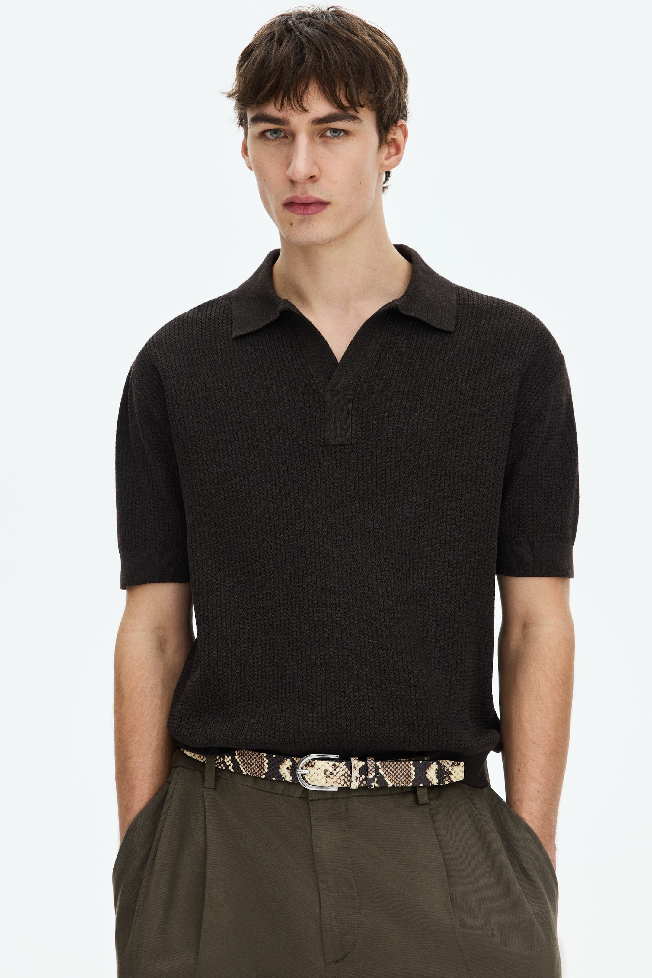 View larger image: A dark brown textured knit polo shirt featuring an open V-neck polo collar and short sleeves. The shirt presents a regular fit, facing forward.