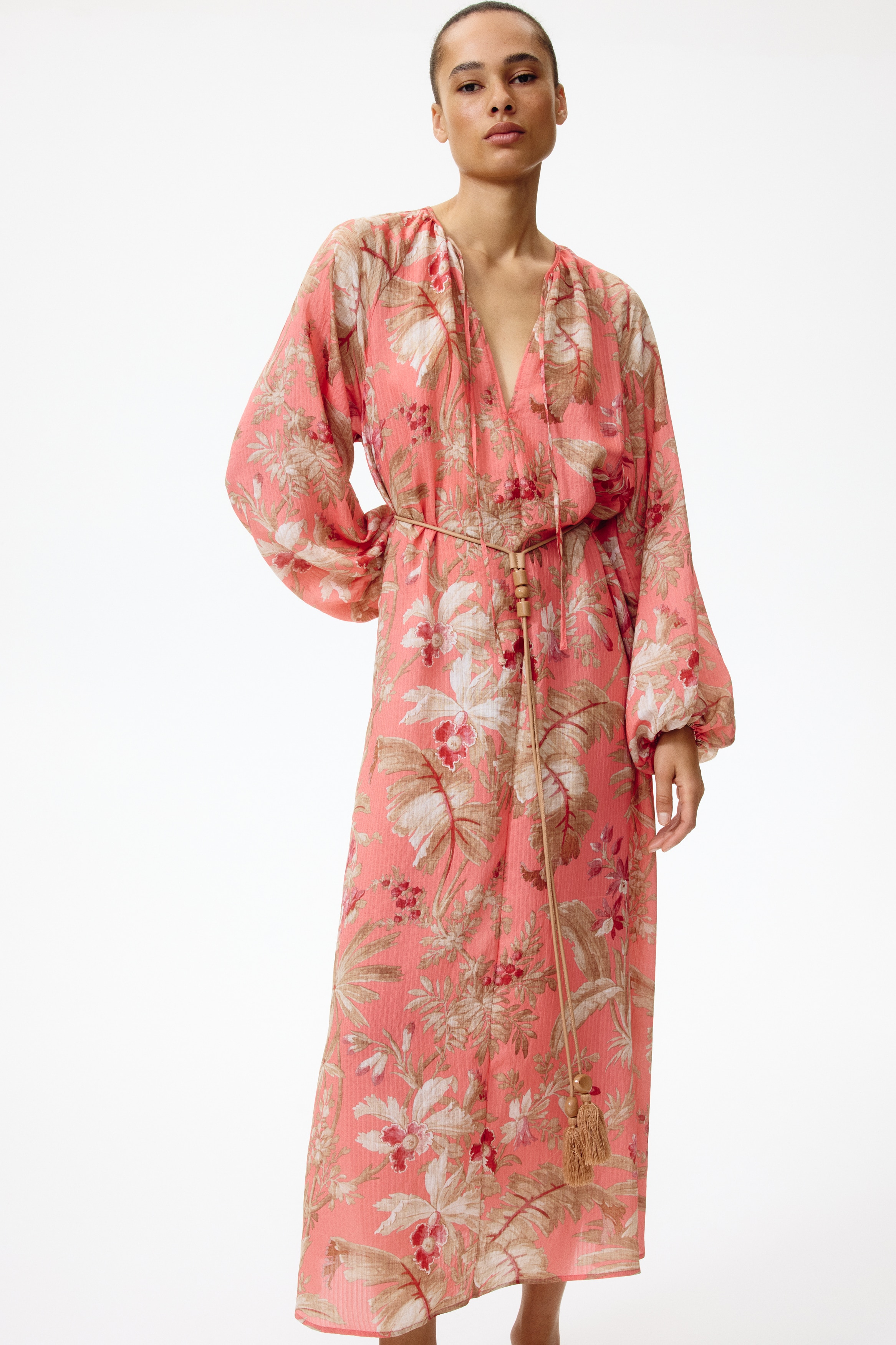 h&m long sleeve floral dress H&M Ivory White Yellow Chiffon Floral Long Sleeve Midi Maxi Dress size 12  14 40