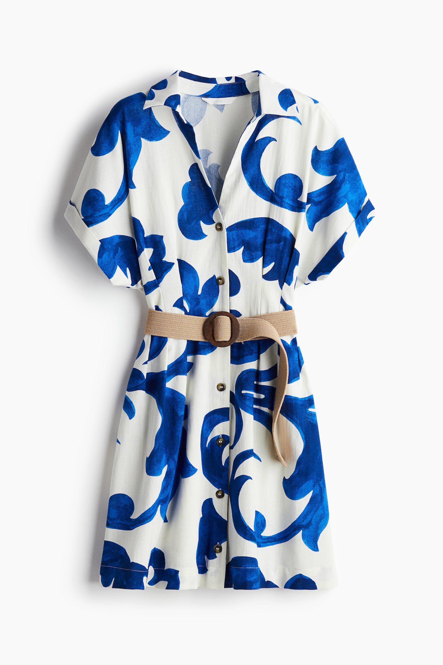 Belted Shirt Dress - White/Blue pattern/Black/Leaf pattern/Dark khaki green/White/Floral/White/Black - 2