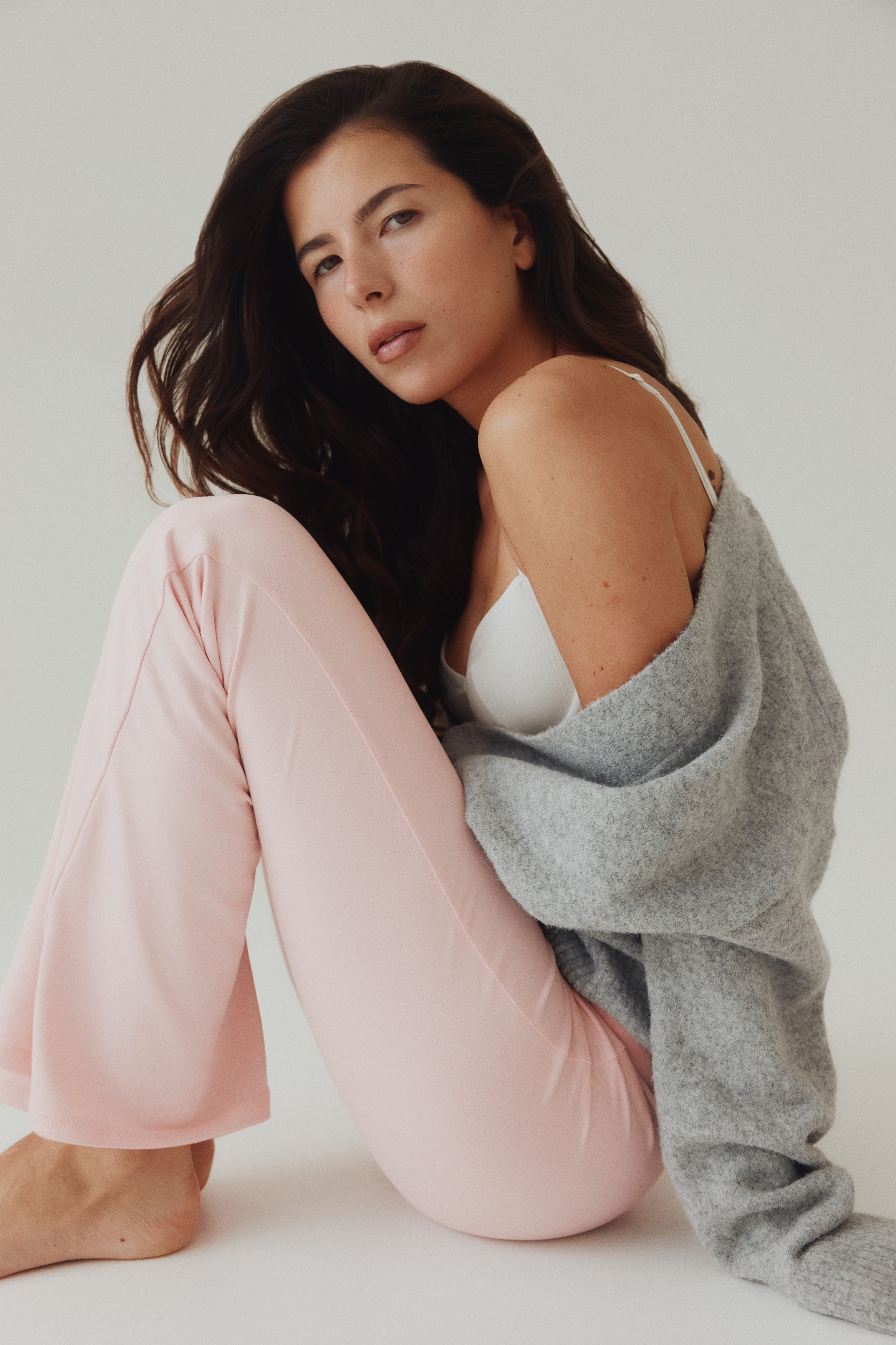 Pantaloni evazați din jerseu flaușat - Roz-deschis/Negru/Maro-închis