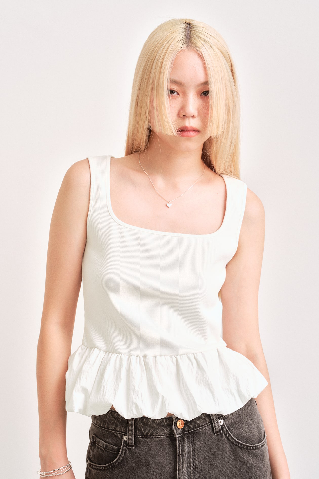 Bubble-Hem Tank Top White Ladies H&M PH