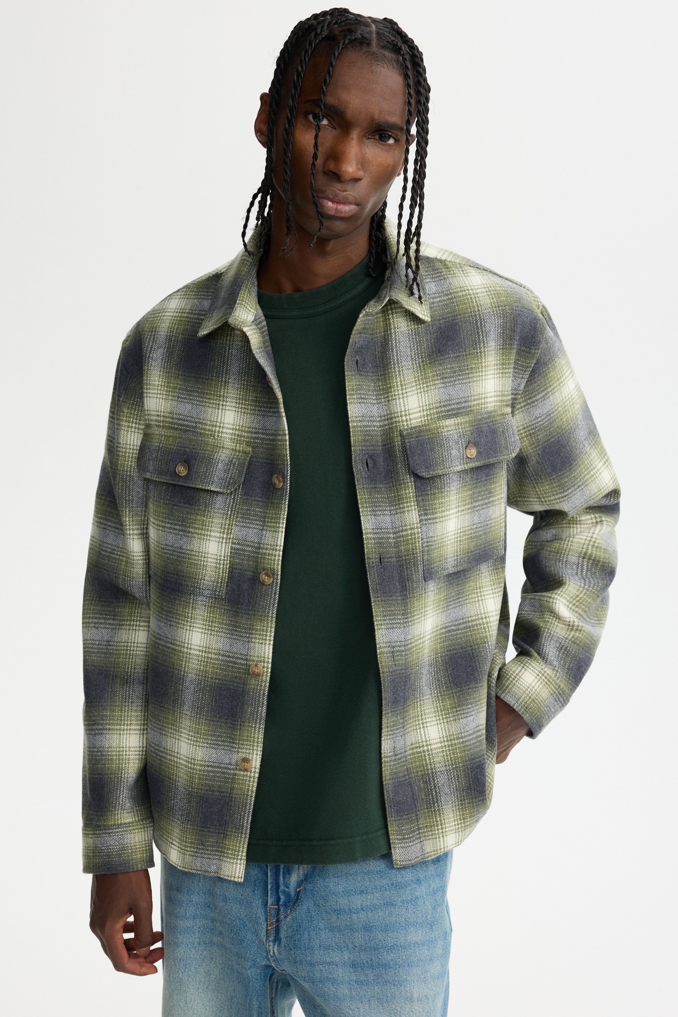 Regular Fit Overshirt i flanell - Mørk kakigrønn/Rutet/Mørk grå/Rutet