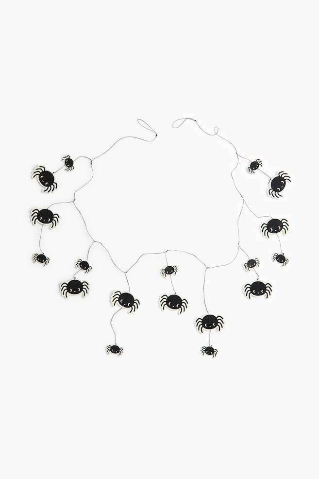 A spider garland displays stylised black spider cut-outs with white outlines and smiling faces, attached to a thin black string. Several of the spiders hang from vertical threads of varying lengths beneath the main horizontal string. - 1