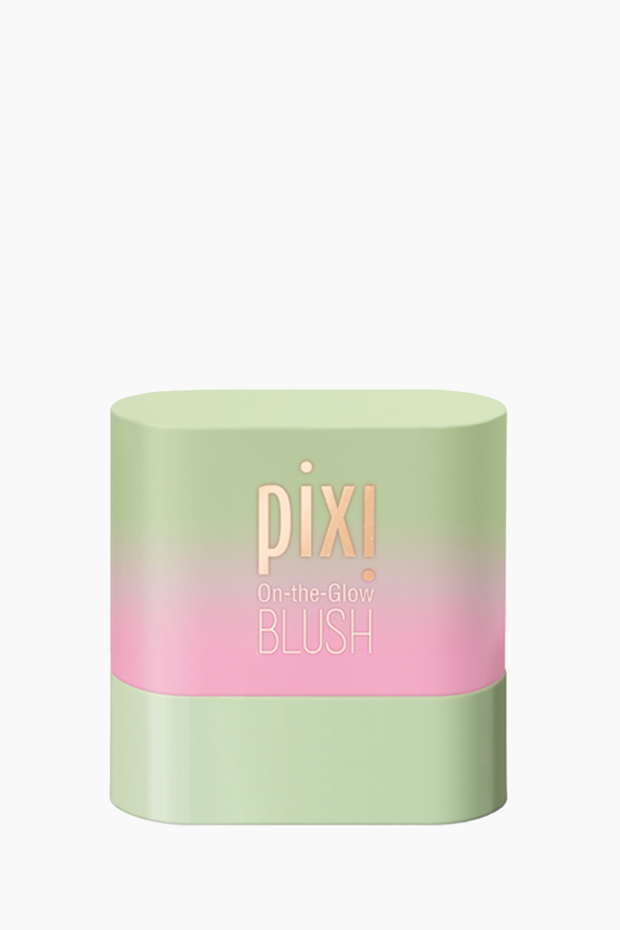 Visa större bild: En rektangulär Pixi On-the-Glow Blush-behållare står upprätt, vänd framåt. Förpackningen visar en ombre-design som övergår från ljusgrön upptill och nedtill till en livfull rosa i mitten, med varumärket "pixi" och produktnamnet "On-the-Glow BLUSH" i guldbokstäver.