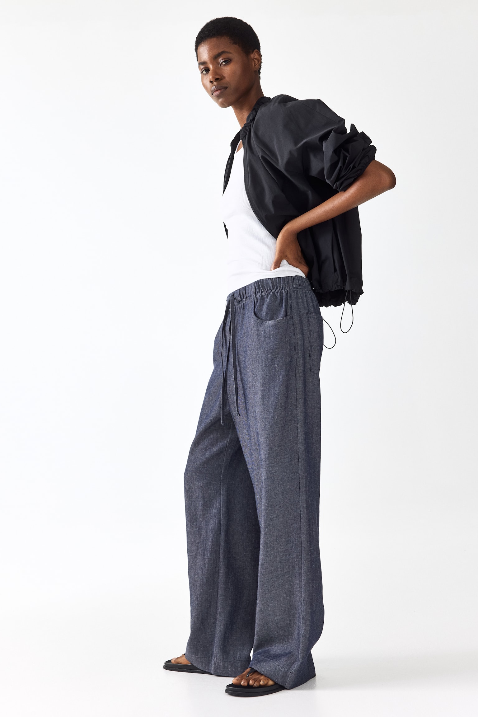 Straight drawstring trousers - Dark denim blue/Dark beige - 3