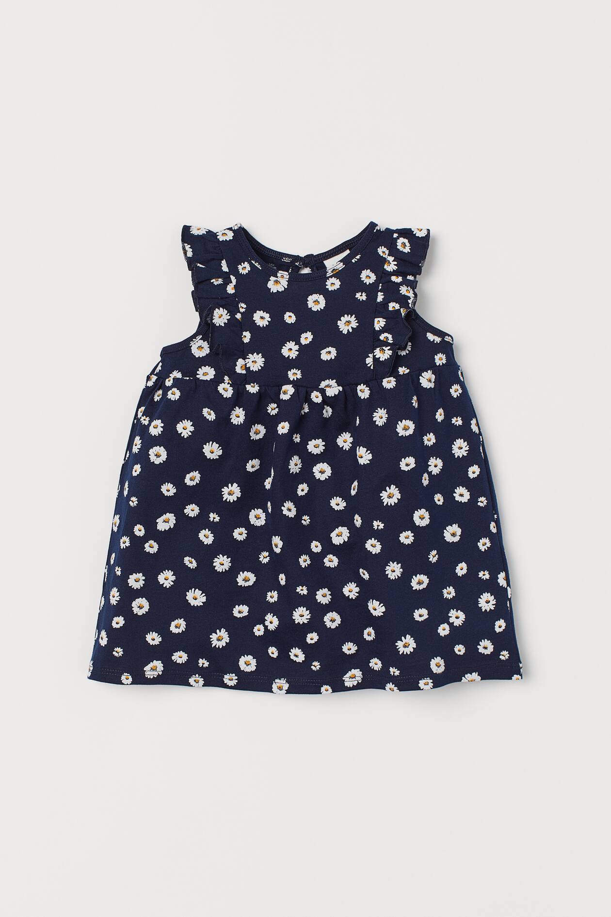 Ruffle-trimmed Jersey Dress - Round Neck - Sleeveless - Dark blue ...