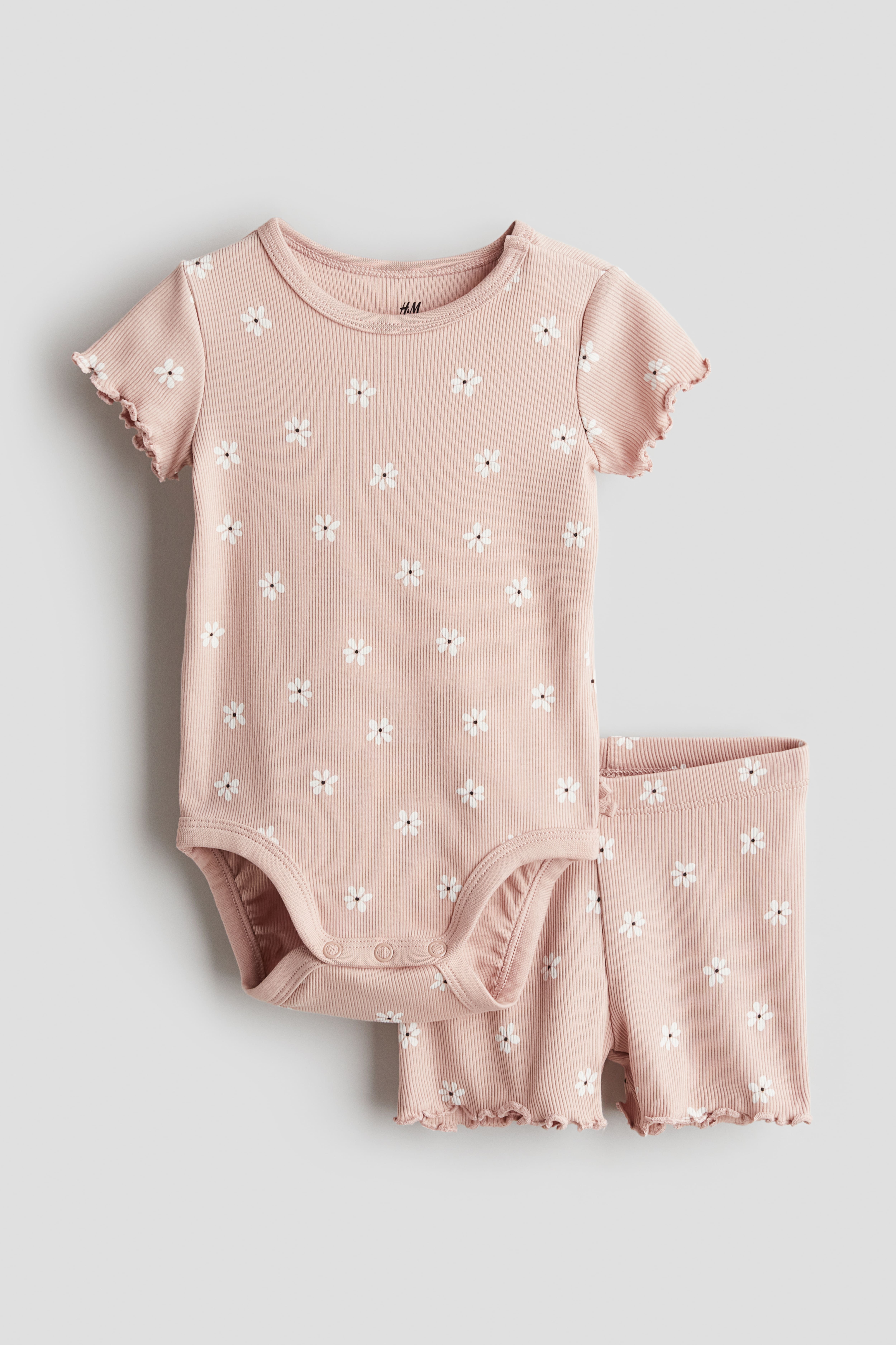 2-piece Ribbed Cotton Set - Light pink/floral - Kids | H&M US