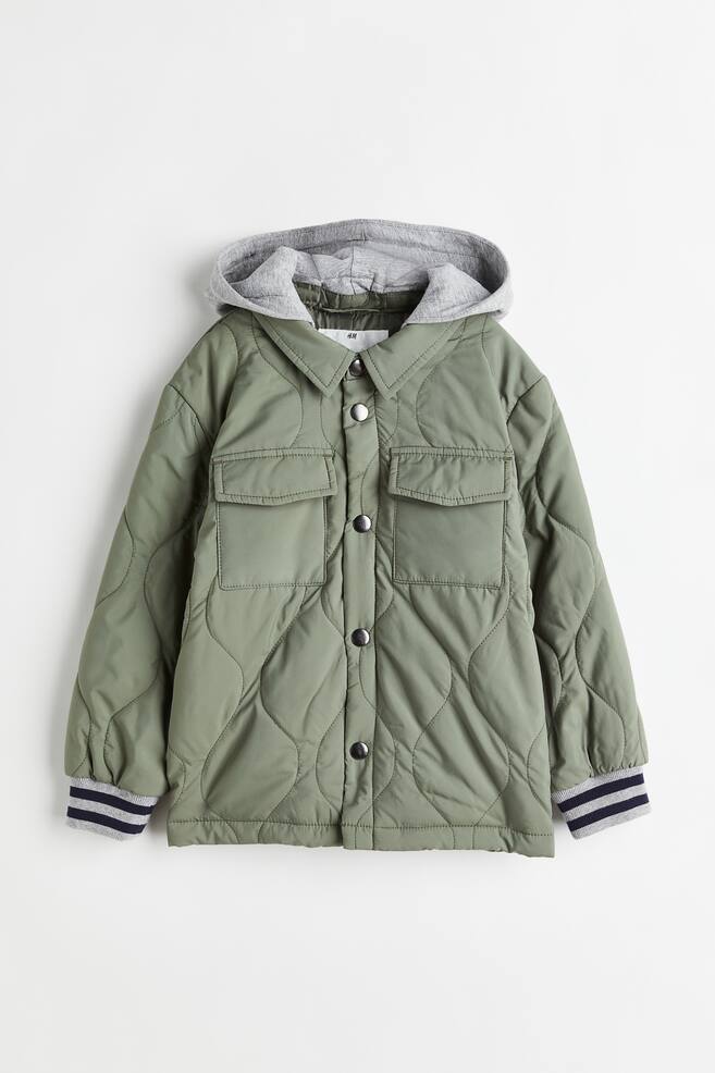 Hooded quilted jacket - Khaki green/Dark brown/Checked