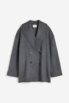 Oversized wool-blend coat - V-neck - Long sleeve - Dark grey marl ...