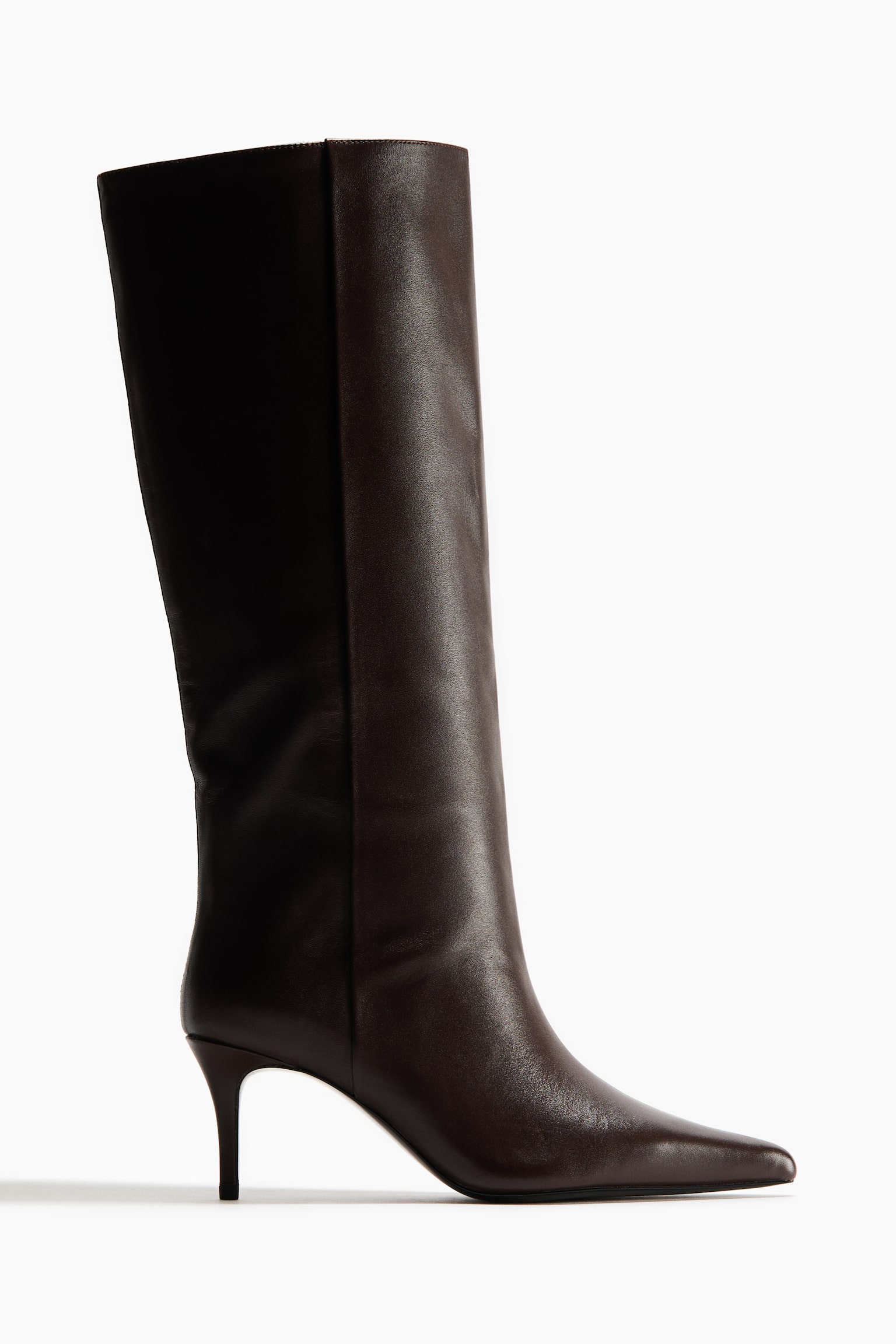 A dark brown leather boot is facing right, showcasing a tall shaft, a pointed toe, and a slender stiletto heel.
