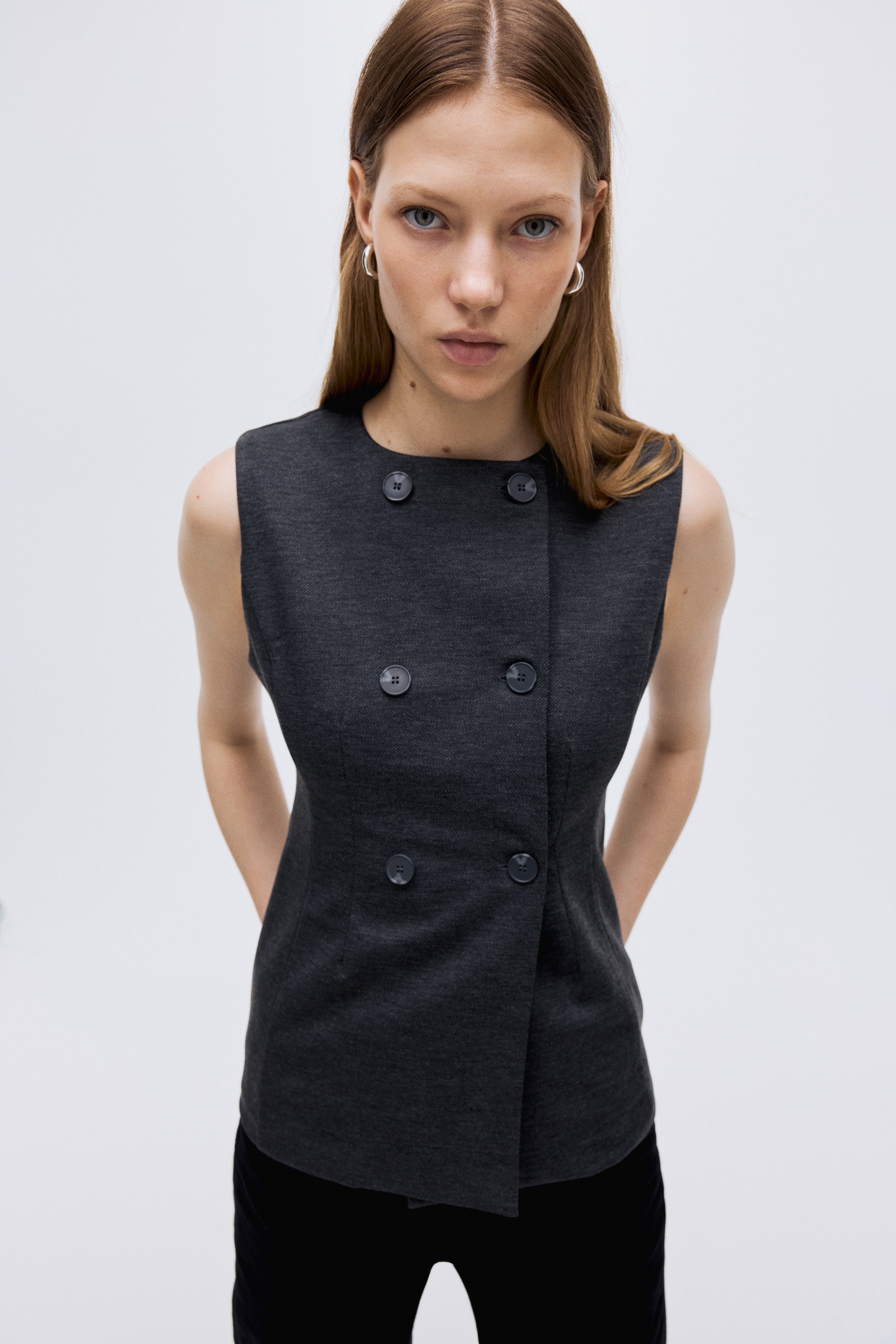 ダブルブレストベスト - ダークグレーメランジ - レディース