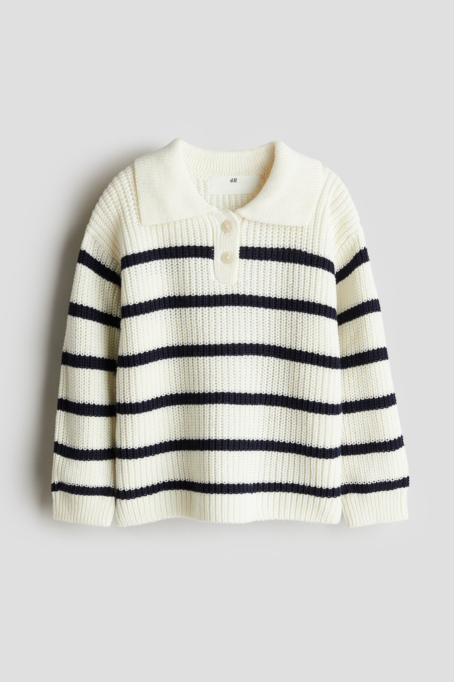 Rib-knit polo jumper - White/Dark blue striped - 1