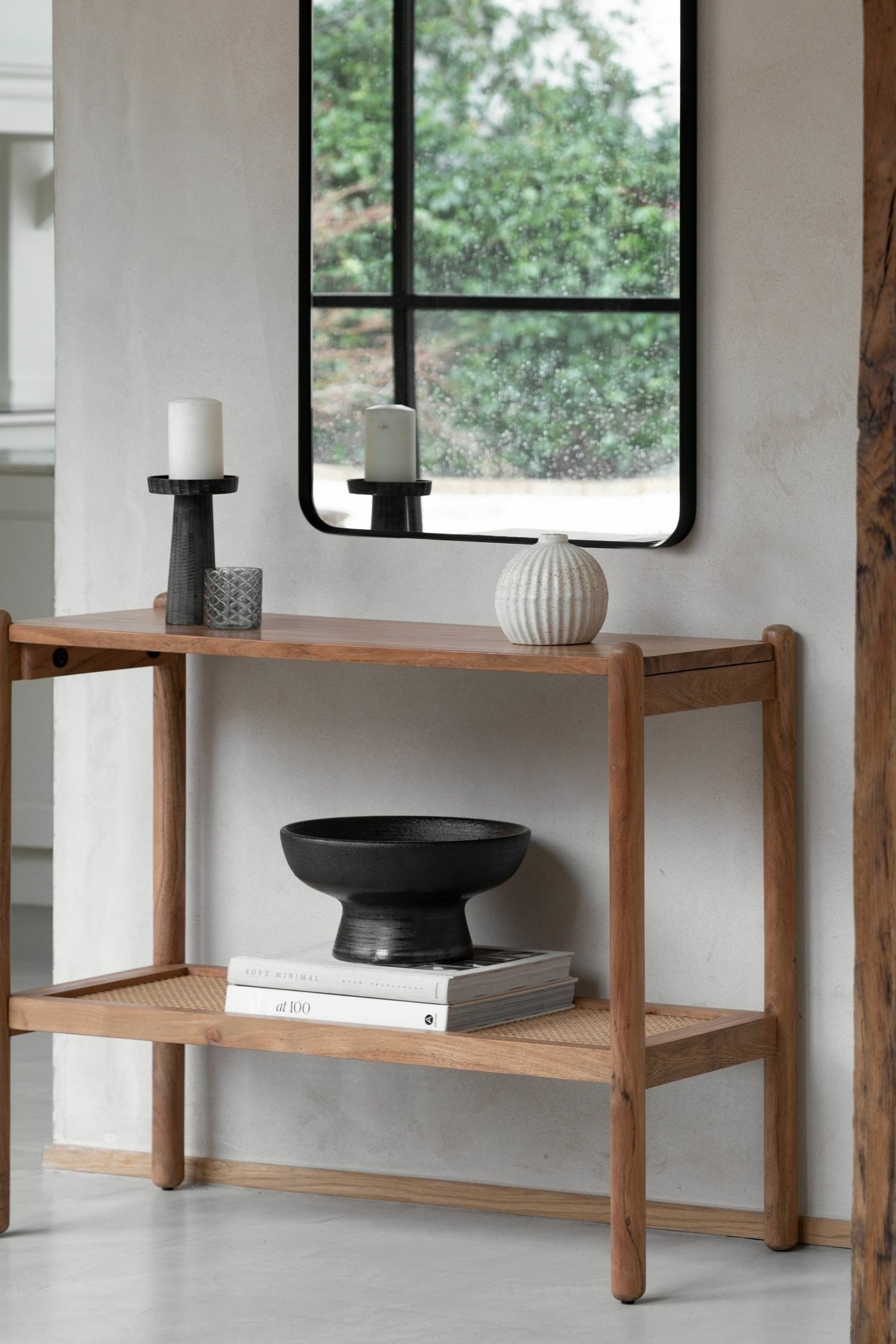 Acacia Wood Console Table With Rattan Shelf - Natural