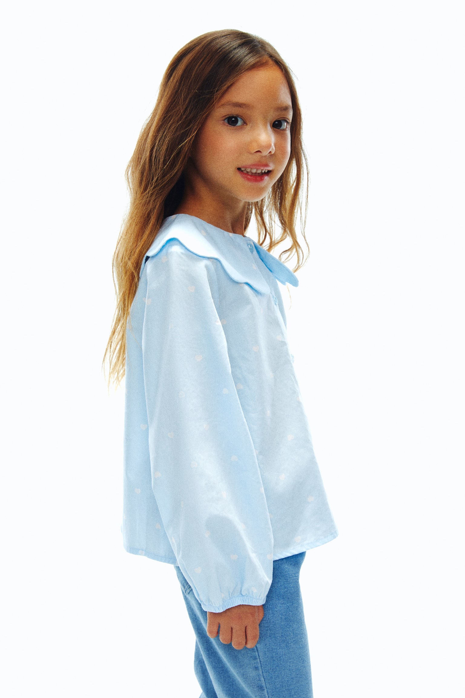 Collared cotton poplin blouse - Light blue/Hearts/White - 5