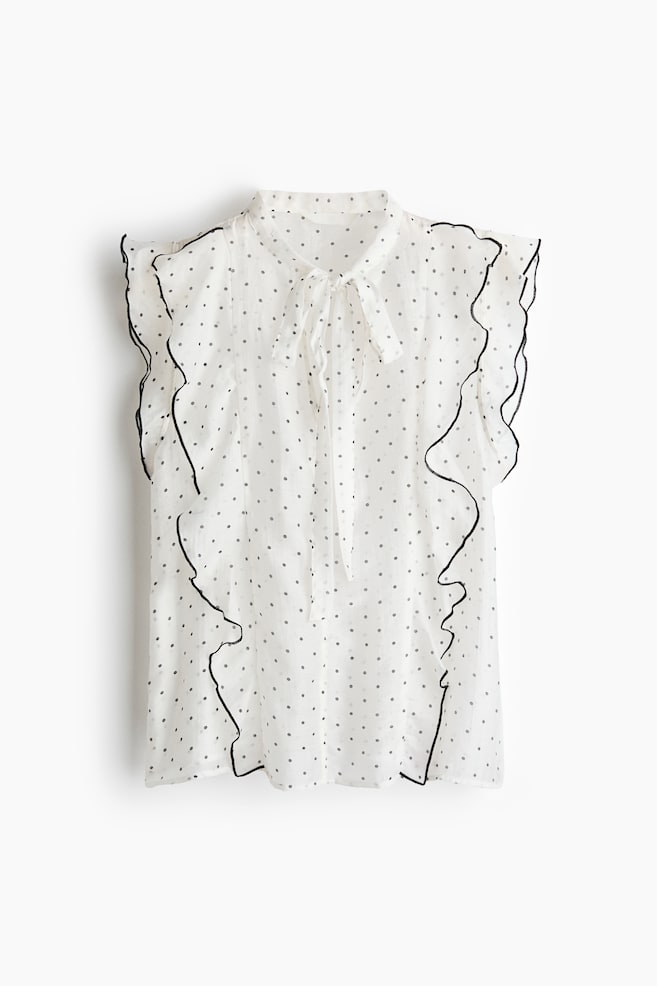 Blusa de folhos com gola de écharpe - Creme/Bolinhas/Rosa/Azul/Quadrados - 1