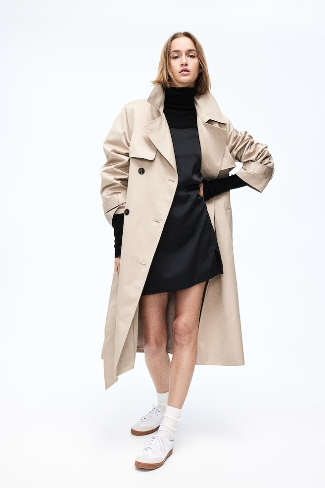 Double-breasted twill trench coat - Beige/Black - 6