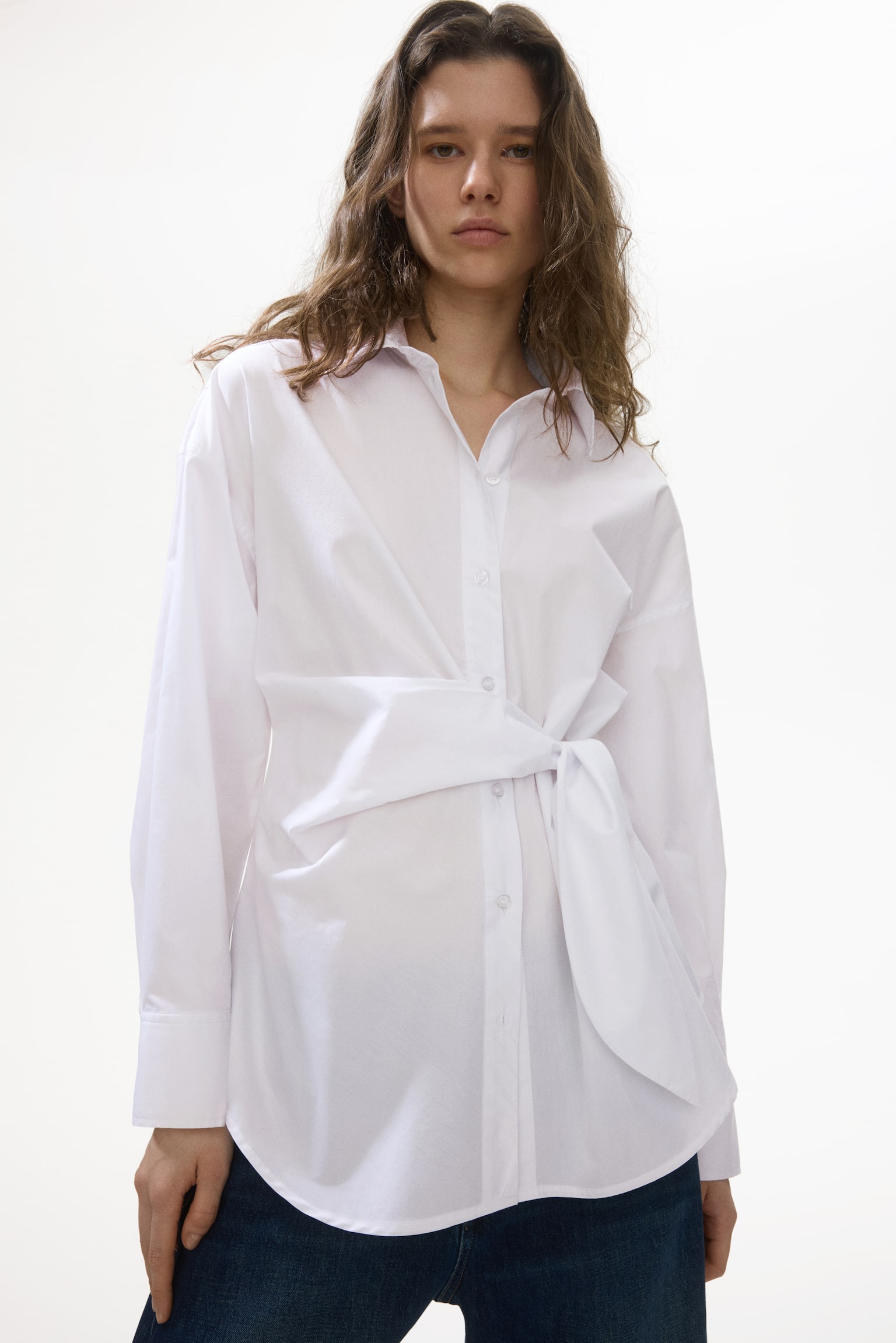 Bomullsskjorta med knytdetalj - Vit - 1