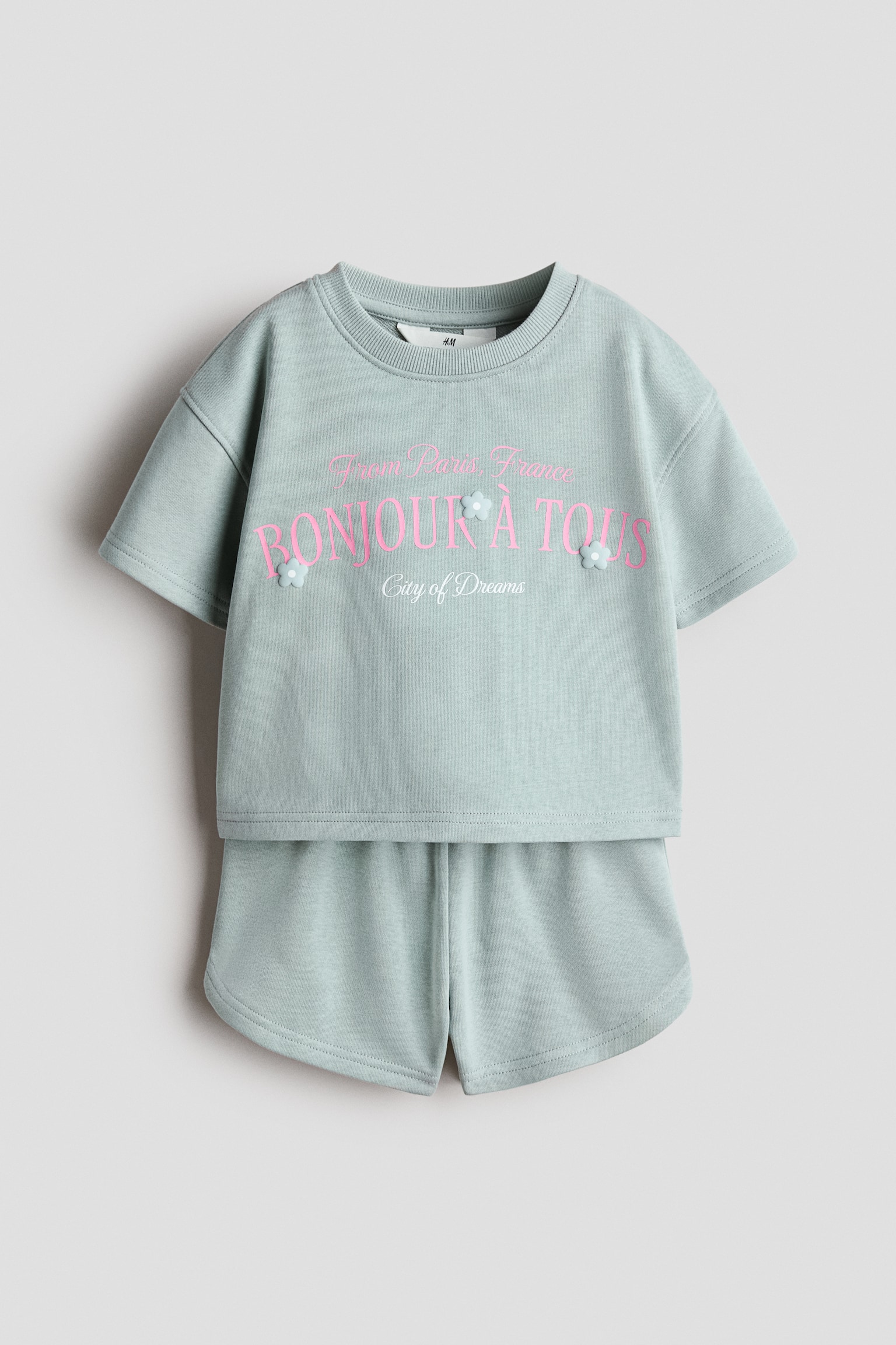 2-Piece Printed Sweatshirt and Shorts Set - Light dusty turquoise/Bonjour/Dark plum red/New York