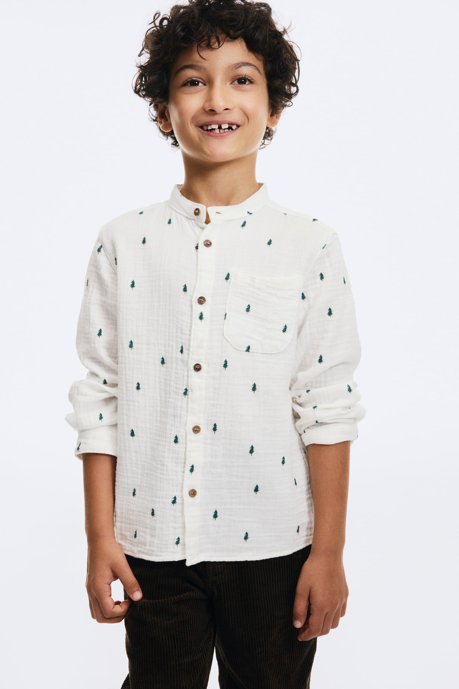Cotton muslin grandad shirt - White/Fir Trees/Navy blue - 3