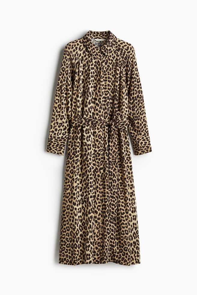 Tie-Belt Viscose Shirt Dress - Light beige/leopard print/Black/cream patterned - 1