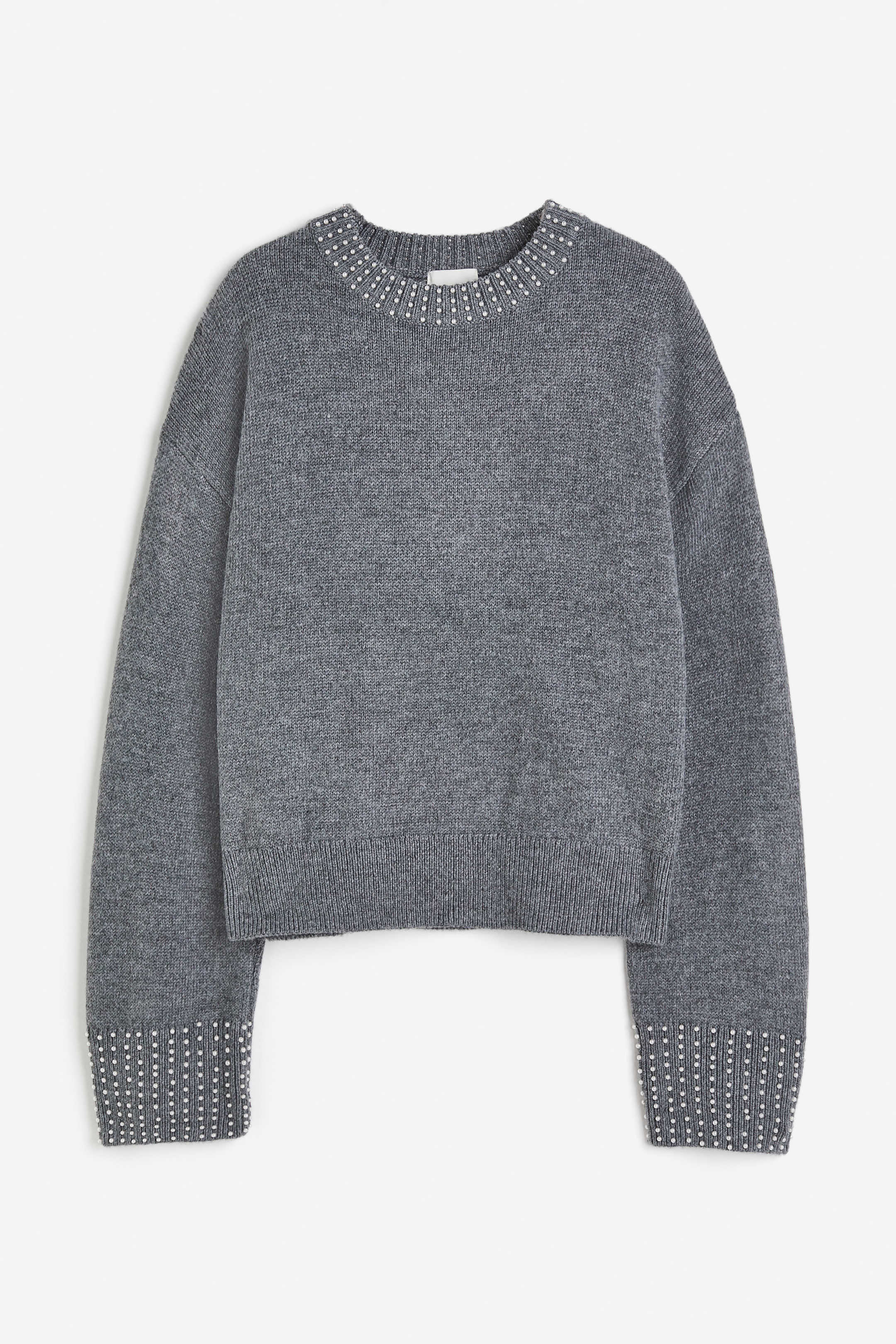 Bead-embellished jumper - Round neck - Long sleeve - Dark grey marl ...