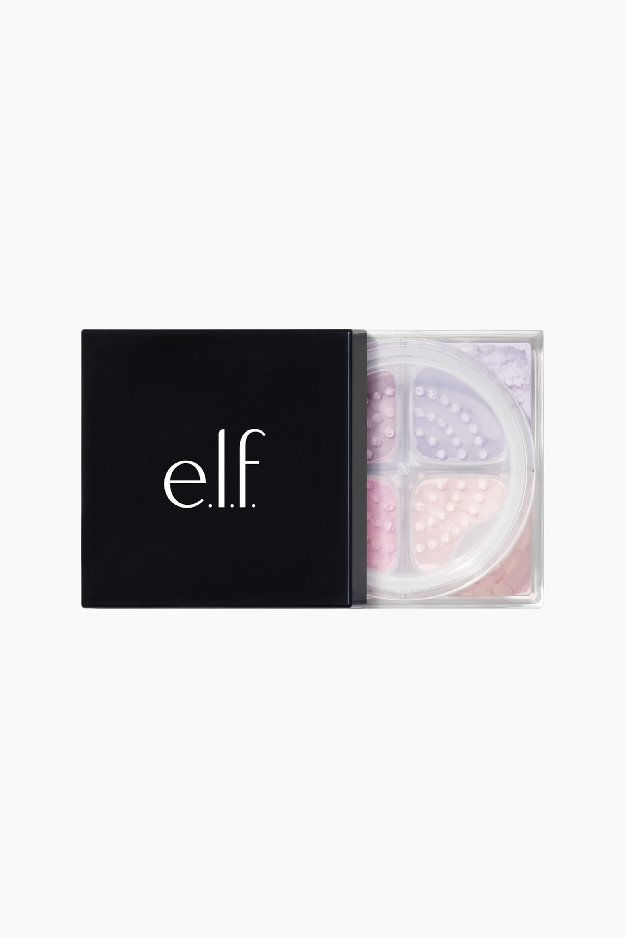 Visa större bild: En e.l.f. ansiktspuderkompakt har ett svart lock med en vit 'e.l.f.' logotyp, som är delvis öppnad från ett topp-till-botten perspektiv. Den genomskinliga behållaren avslöjar fyra sektioner av löst puder i ljuslila, rosa, persika och vitt, med en genomskinlig sikt över varje sektion.