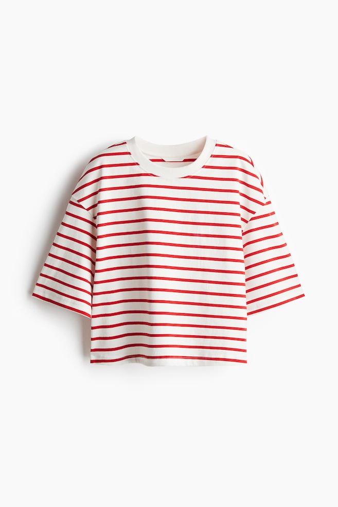 Cropped T-shirt - White/Red striped/White - 1