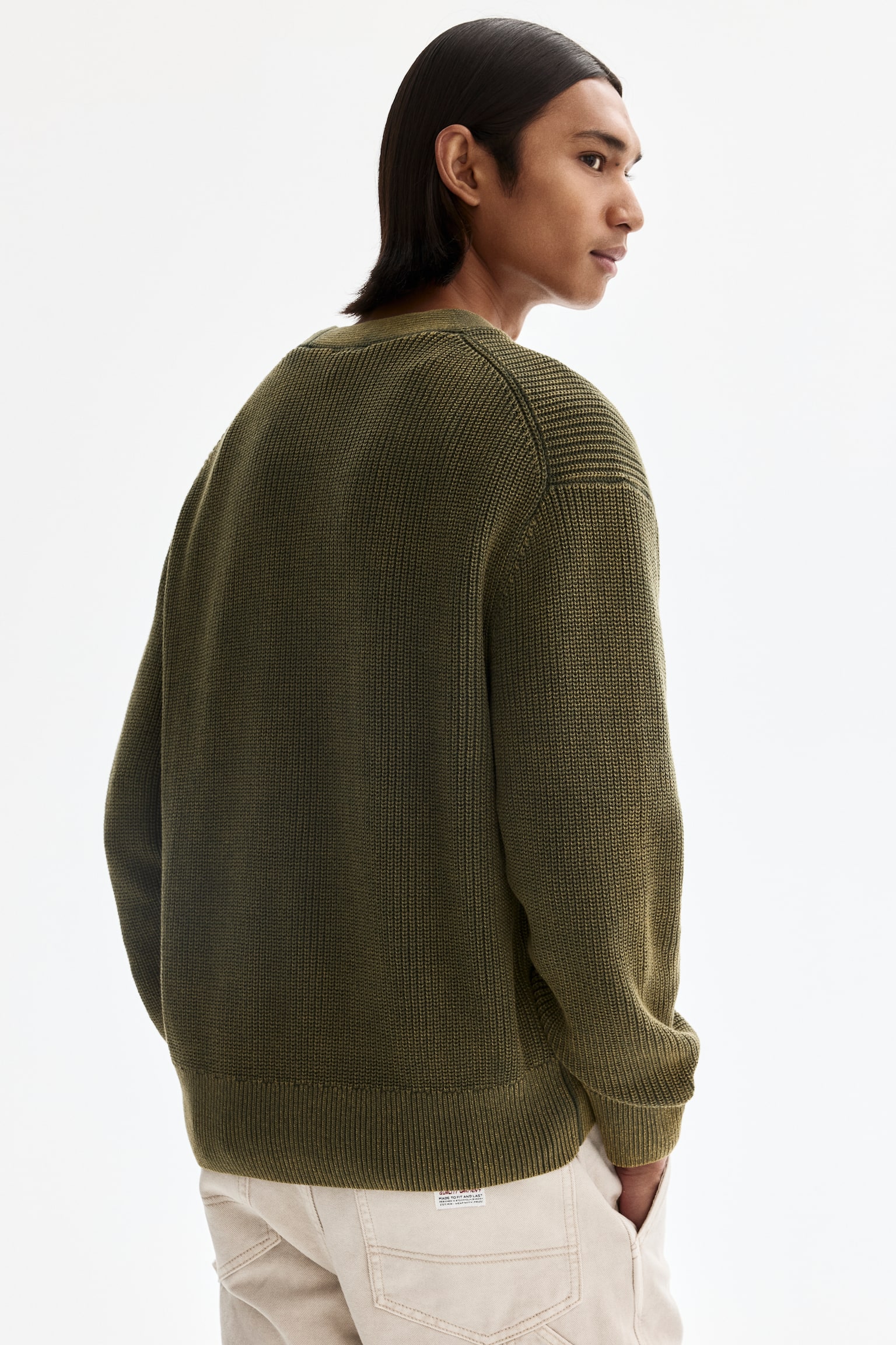 Relaxed Fit Rib-knit cotton cardigan - Dark khaki green/Light blue - 4