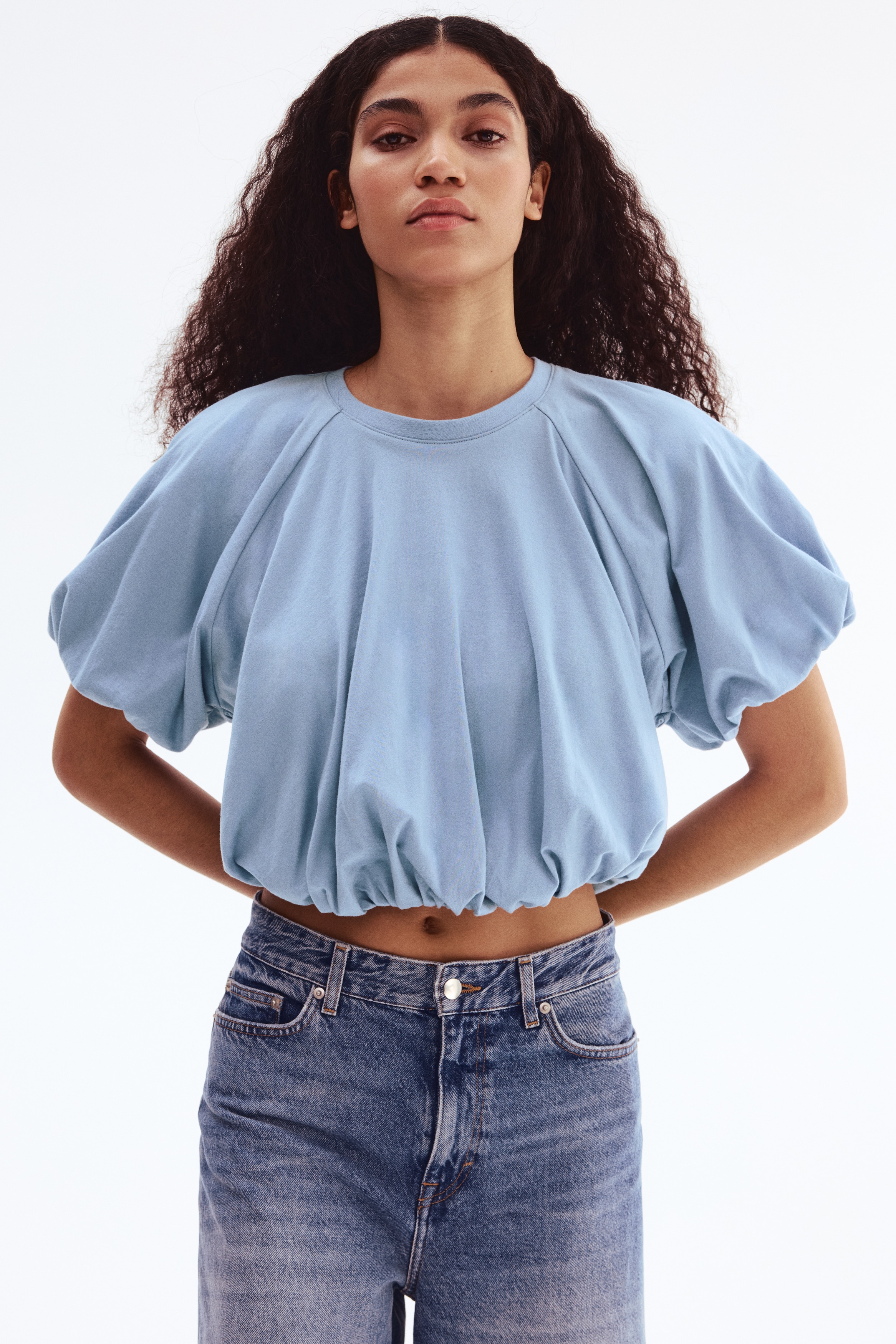 Top de algodón con bastilla abombada - Azul claro/Crema
