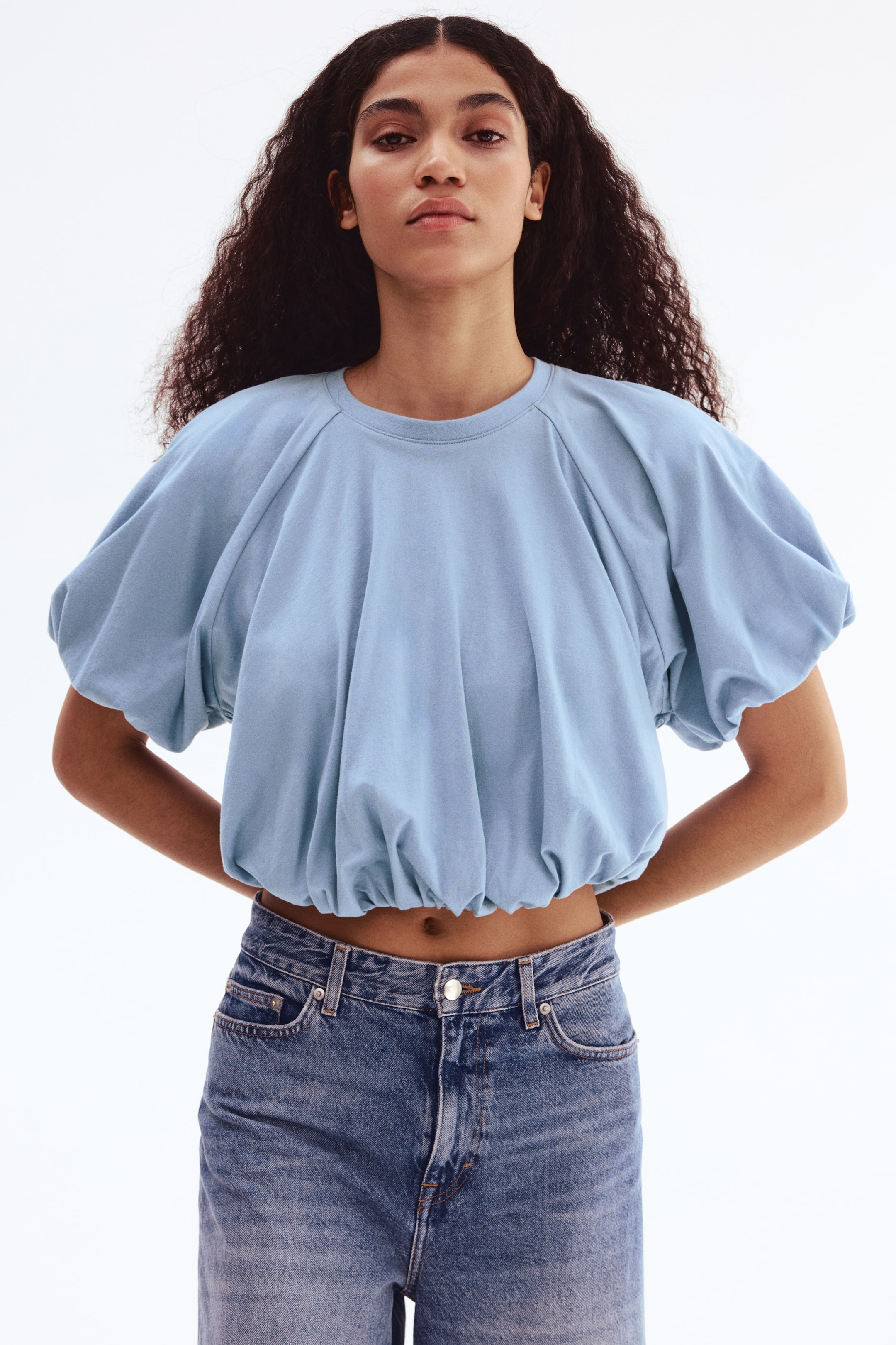 View larger image: Bubble-Hem Cotton Top - Light blue - Ladies | H&M US 1