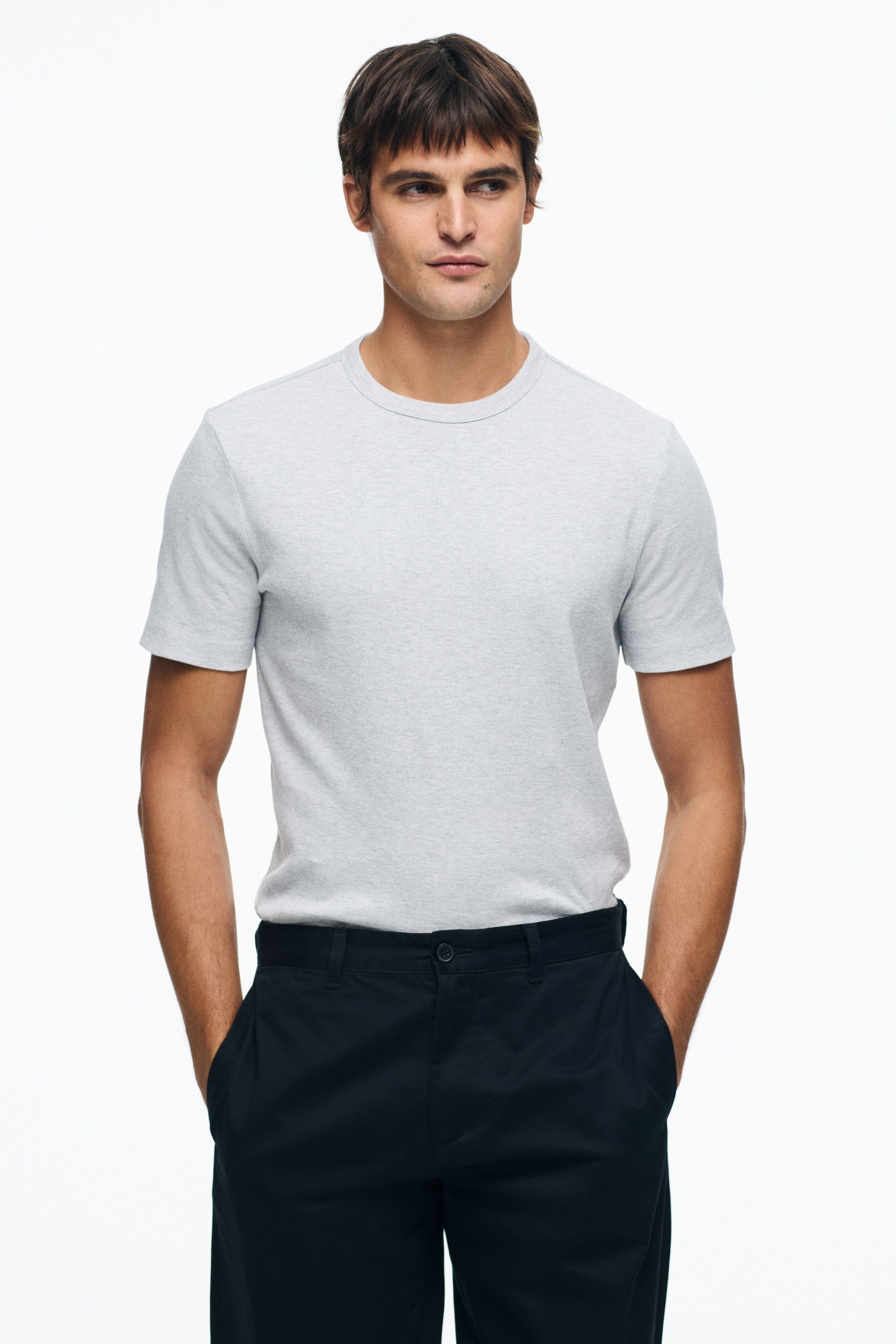 Slim-Fit Ribbed T-Shirt - Light gray melange/White/Black